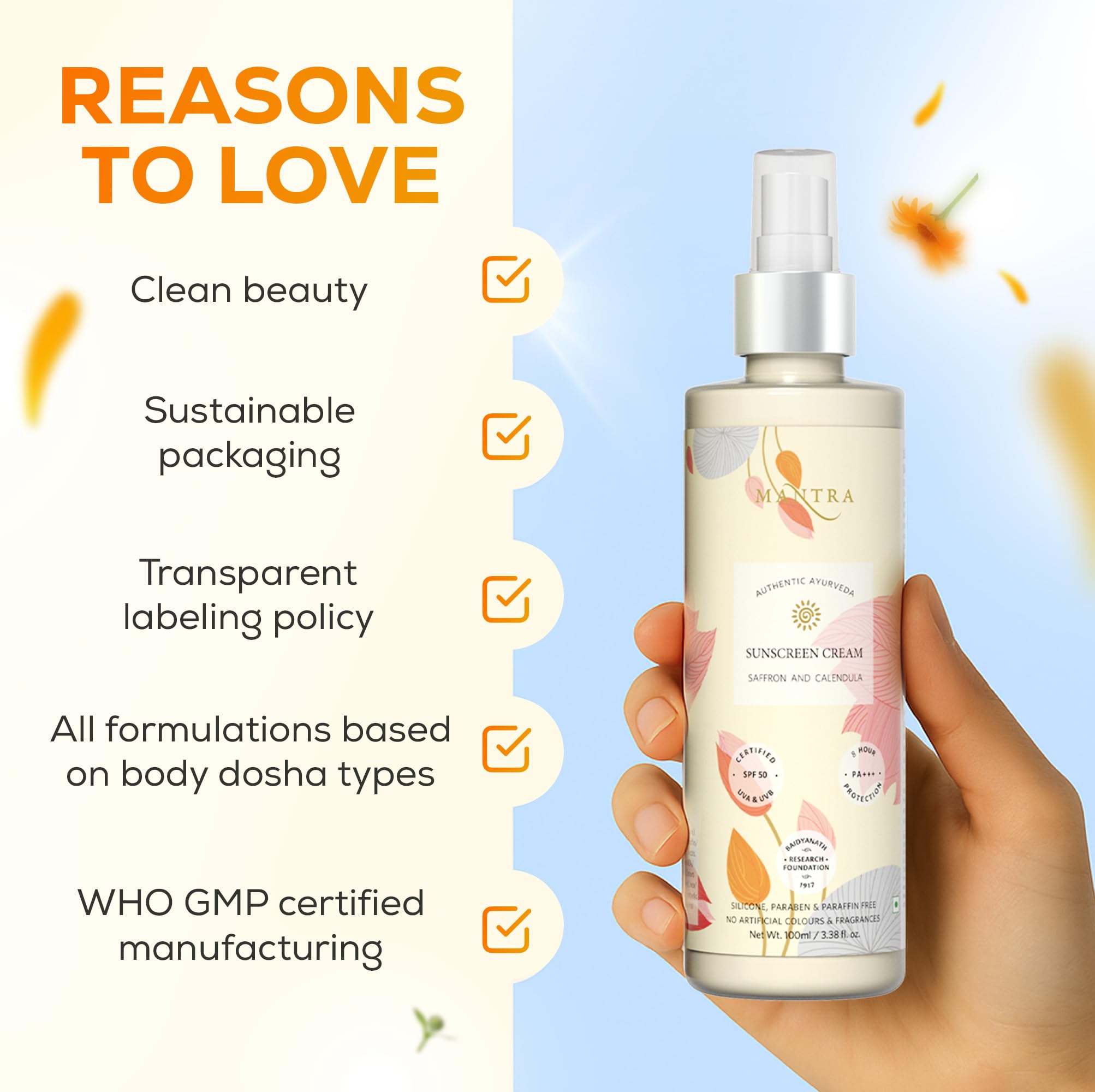 Mantra Herbal Pollution Protect SPF 30+ UVA & UVB Sunscreen Gel 100 ml with Saffron And Calendula Sun Cream | Blue Light Protection & Oil free | Moisture boost formula | Water resistant | All Skin types 6