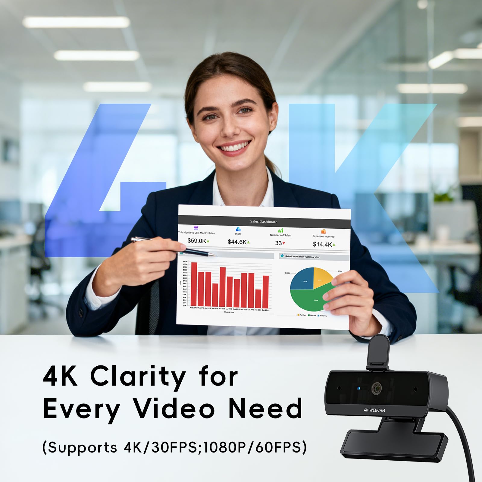 Nisheng Upgrade 4K Webcam for PC, PDAF Auto Focus, Dual AI Noise-Cancelling Mics, 1080P/60FPS, Mini Camera w/Privacy Cover, Plug & Play USB Webcam for Zoom/Teams/OBS/Xbox 3