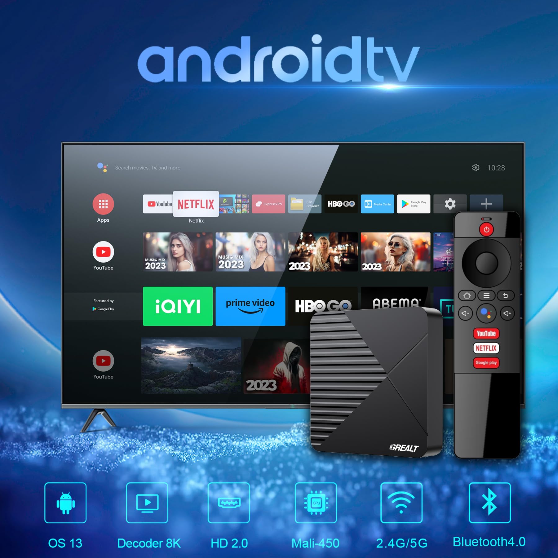 GREALT Android TV Box 13.0 8K 2025 Android Box 4GB RAM 64GB ROM Quad Core 64bit, Support Dual-WiFi 2.4G/5G WIFI6 3D HDR10+ BT5.0 with Voice Remote Control 4