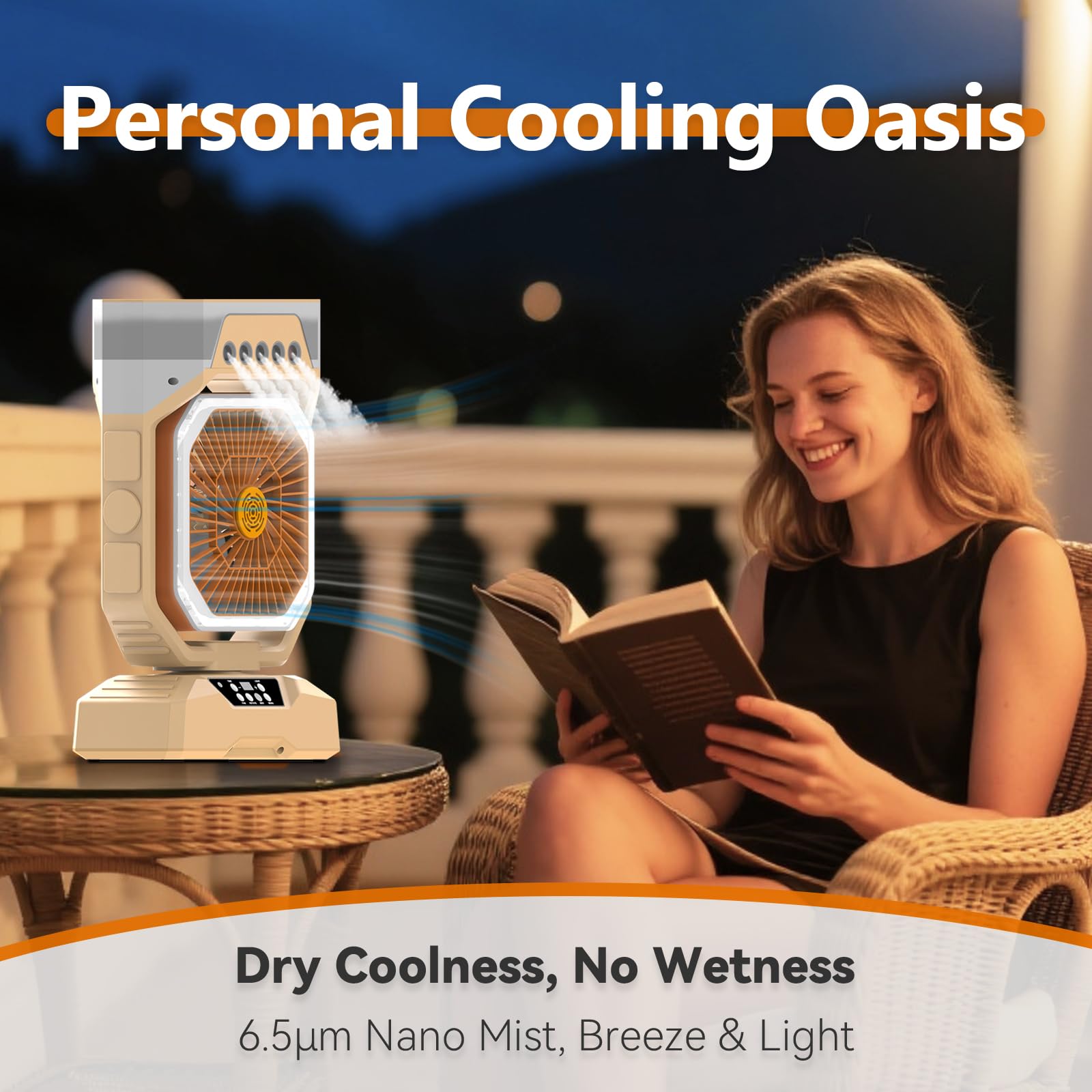 Weljoy Rechargeable Mist Fan with 5 Spray Nozzles, 27000mAh Power Bank Battery, LED Light, Aroma Diffuser, Remote & Oscillation – Stay Cool Anywhere Indoors or Outdoors (Biege) 3