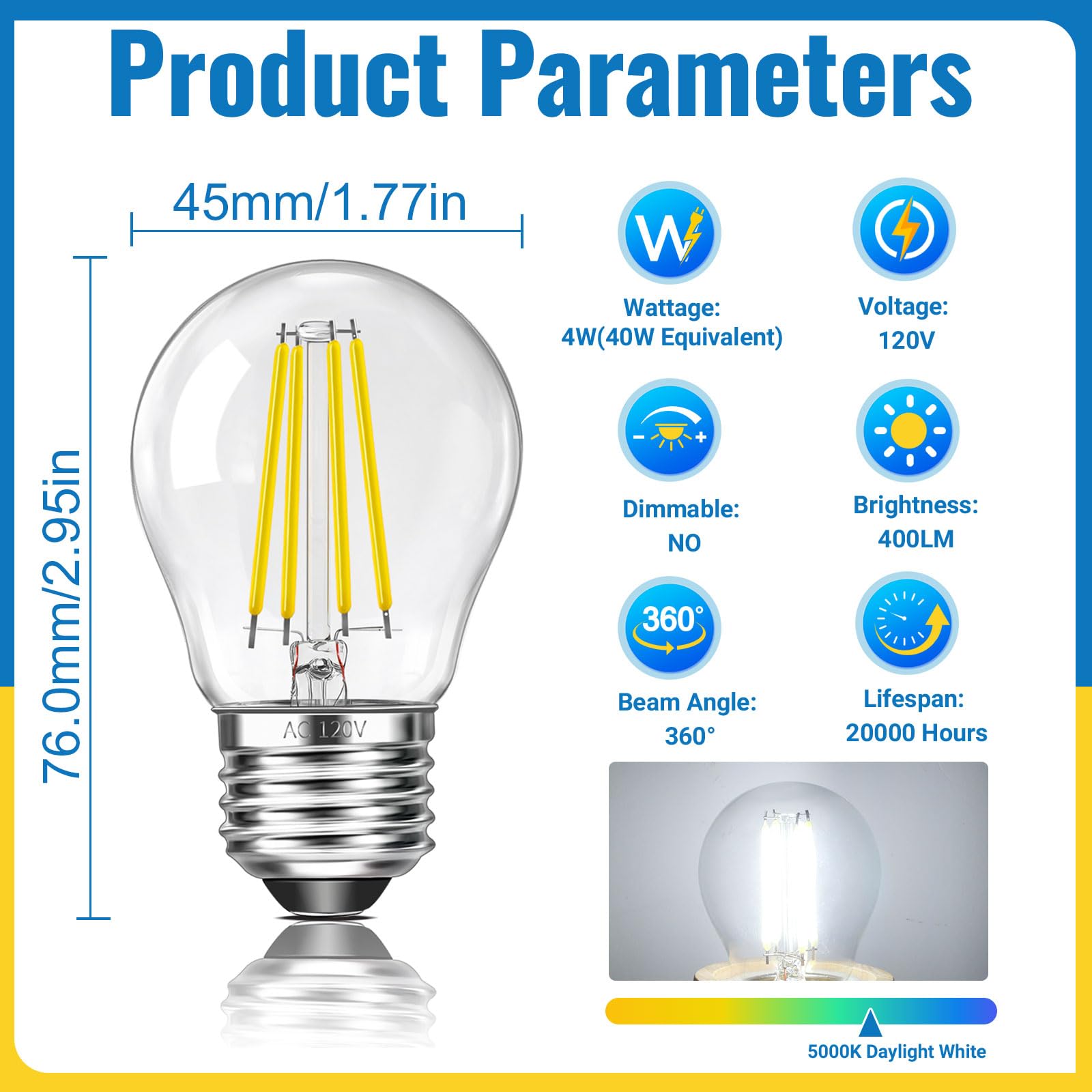 G45 LED Edison Filament Bulb 4W (40 Watt Equivalent), 5000K Daylight LED Refrigerator Light Bulb, E26 Base Clear Glass Small Globe Light Bulbs for Pendant Lights & Chandeliers, Non-Dimmable, 2 Pack 3