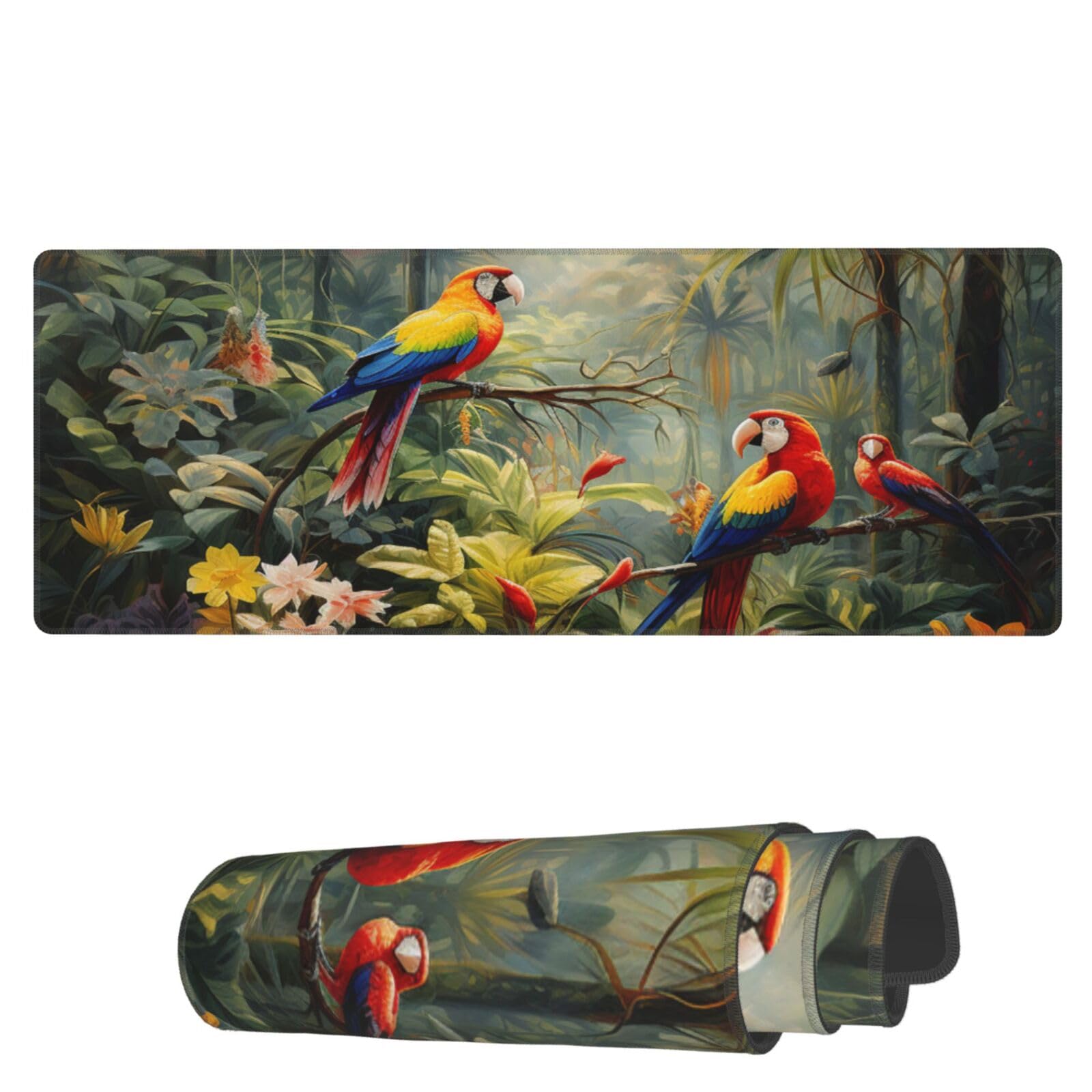 Famame Laptop Mouse Pad Parrots on Tropical Plants Desk Mat with Stitched Edges 31.5X 11.8 inch Non-Slip Large Keyboard Rubber Writing Table Mat for Office Home 1