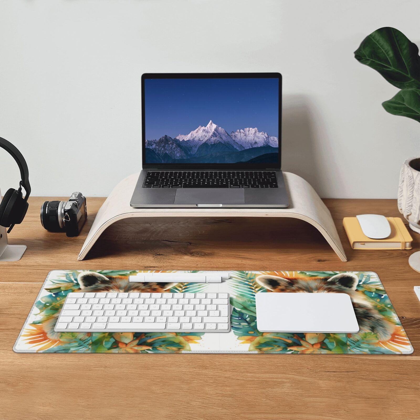 Famame Laptop Mouse Pad Tropical Leaves Raccoon Desk Mat with Stitched Edges 31.5X 11.8 inch Non-Slip Large Keyboard Rubber Writing Table Mat for Office Home 4