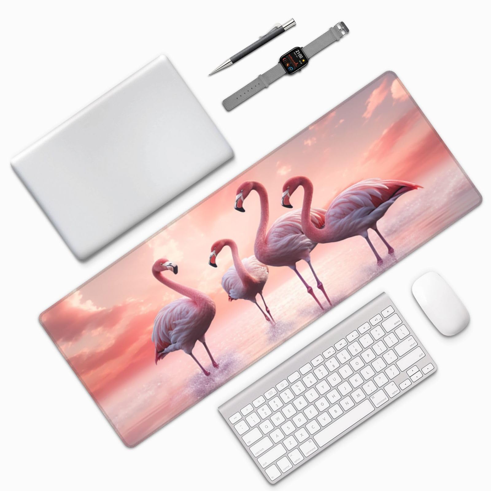 Famame Laptop Mouse Pad Flamingos Walking in Lake Desk Mat with Stitched Edges 31.5X 11.8 inch Non-Slip Large Keyboard Rubber Writing Table Mat for Office Home 2