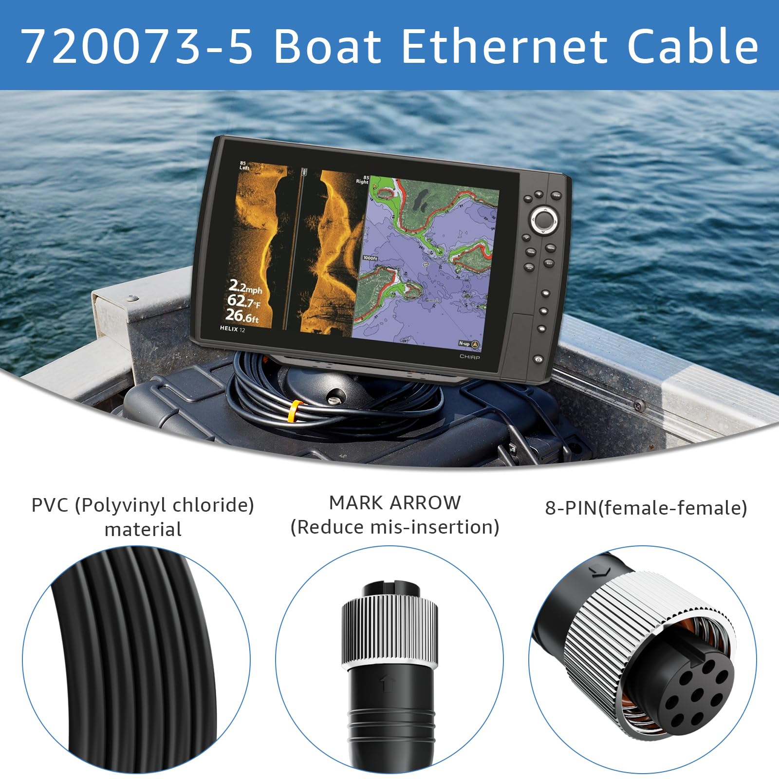 LaWana Boat Ethernet Cable AS EC 720073-5 5.2 Foot for Humminbird,Compatible with Helix, 10, 12,7, 8, 9, 15,SOLIX,APEX, and Onix Models (5FT) 6