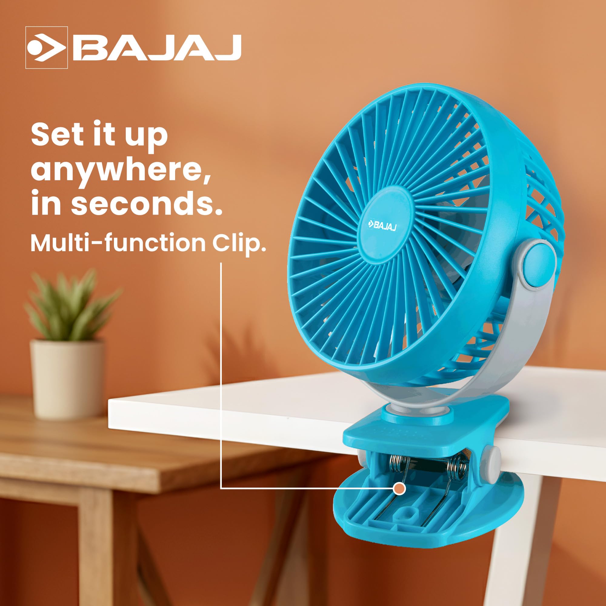 Bajaj Pygmy Mini Fan 110MM | USB Charging | Multi-Clip Function | Rechargeable | 4-Hr Back-up | Silent Operation | Longer Battery Life | Energy Efficient | Portable 【Blue】 2