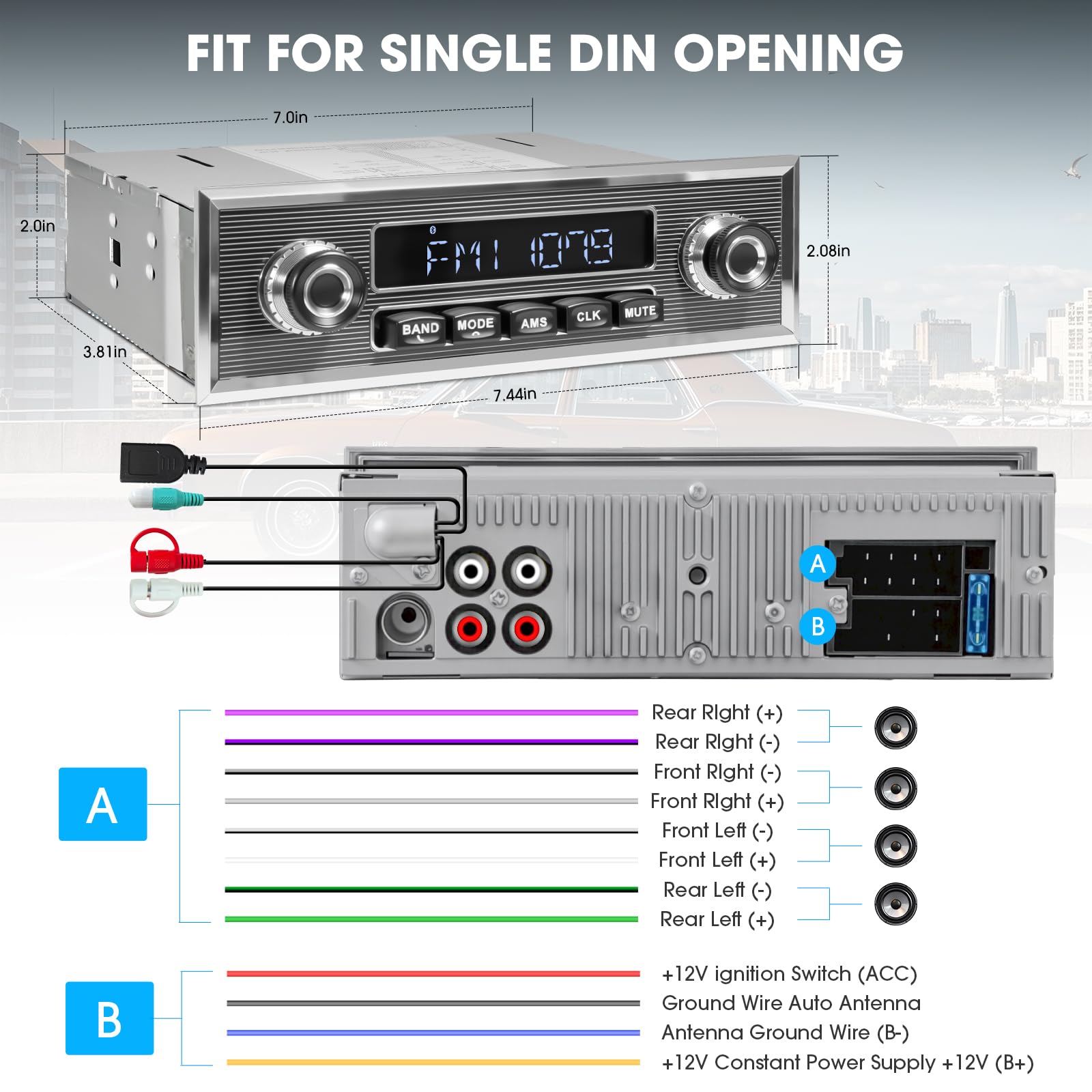 Bluetooth Retro Radio for Classic Vehicles: Single Din Vintage Car Stereo 6