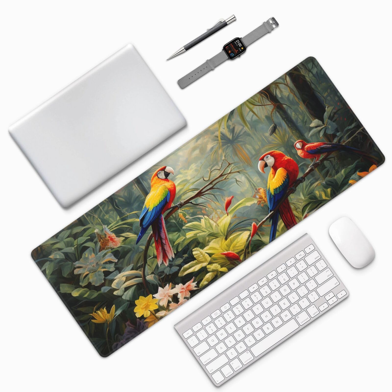 Famame Laptop Mouse Pad Parrots on Tropical Plants Desk Mat with Stitched Edges 31.5X 11.8 inch Non-Slip Large Keyboard Rubber Writing Table Mat for Office Home 2