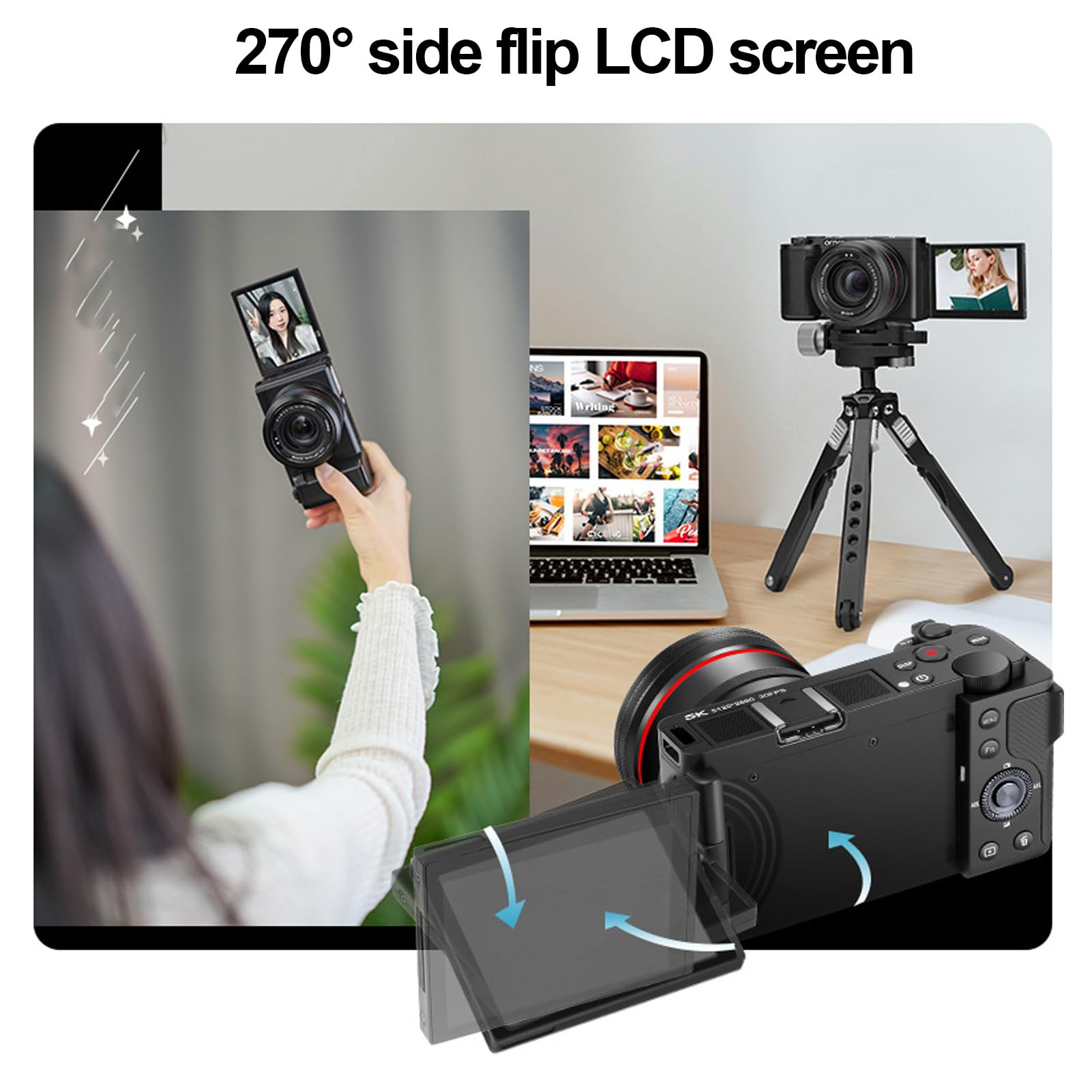 64MP Digital Camera with 12X Optical Zoom Autofocus, Supports, 5K HDR 30fps Video, Flip Touchscreen, Micro SLR Camera, Includes Filters and Beauty Mode 3