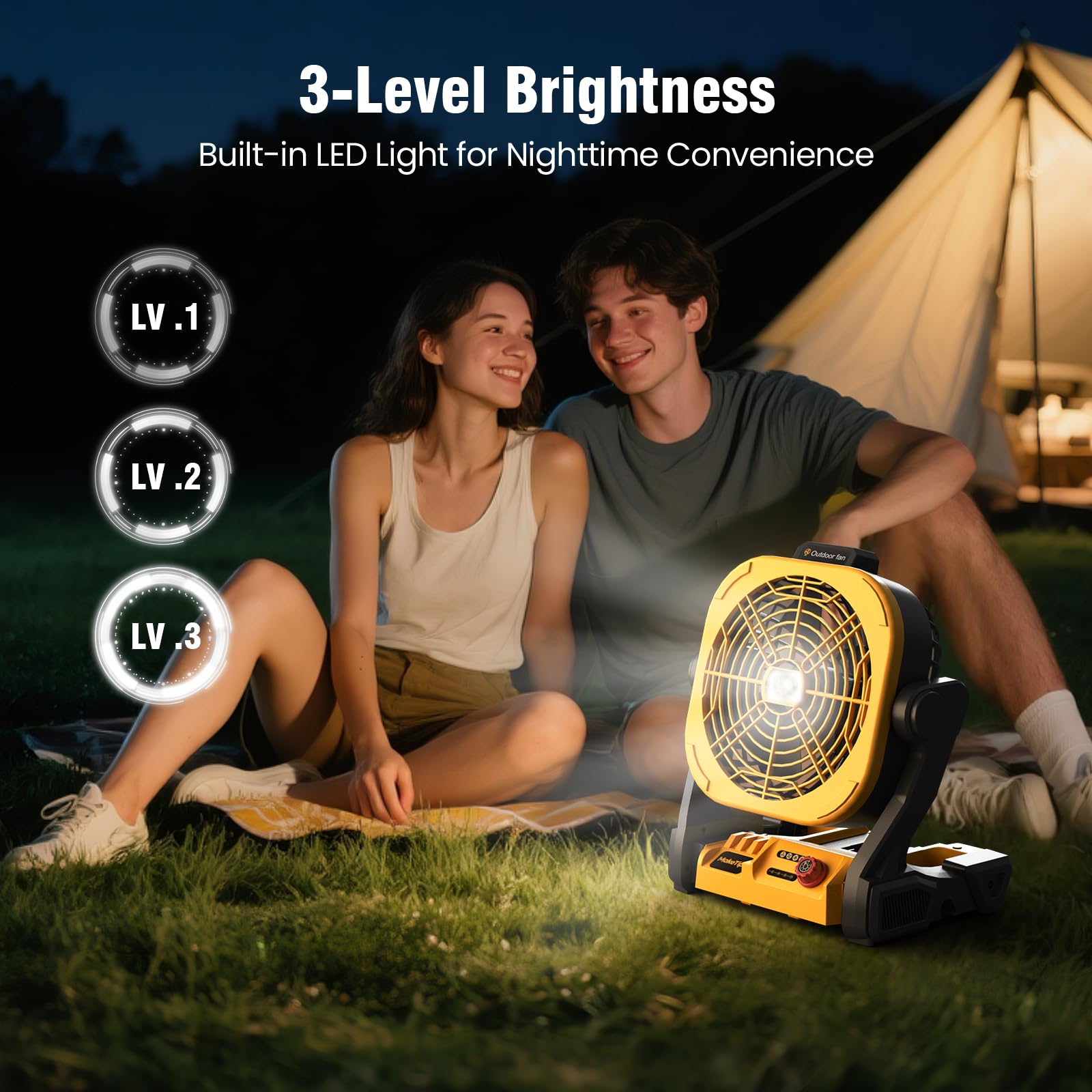 MakeTips Battery Operated Fan for DeWalt 20V Max Battery (Not Included) – High Airflow Portable Cordless Camping & Jobsite Fan with 4 Speeds, AC Adapter, LED Lights & Hanging Hook for Outdoor Use 6