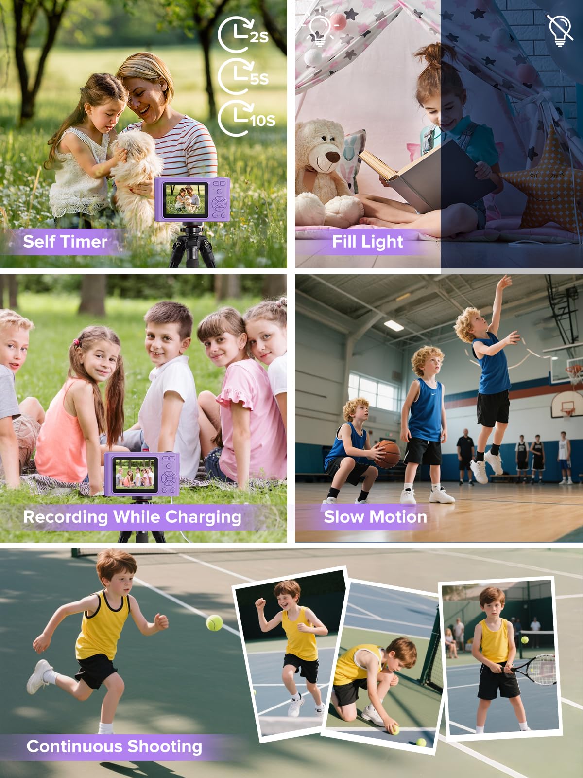 Digital Camera, Kids Camera1080P, Vlog Camera with 64GB Card, 16X Zoom Anti Shake, Card Reader, 44MP Compact Portable Small Point Shoot Digicam Gift for Kid Student Children Teen Girl Boy(Pruple) 6