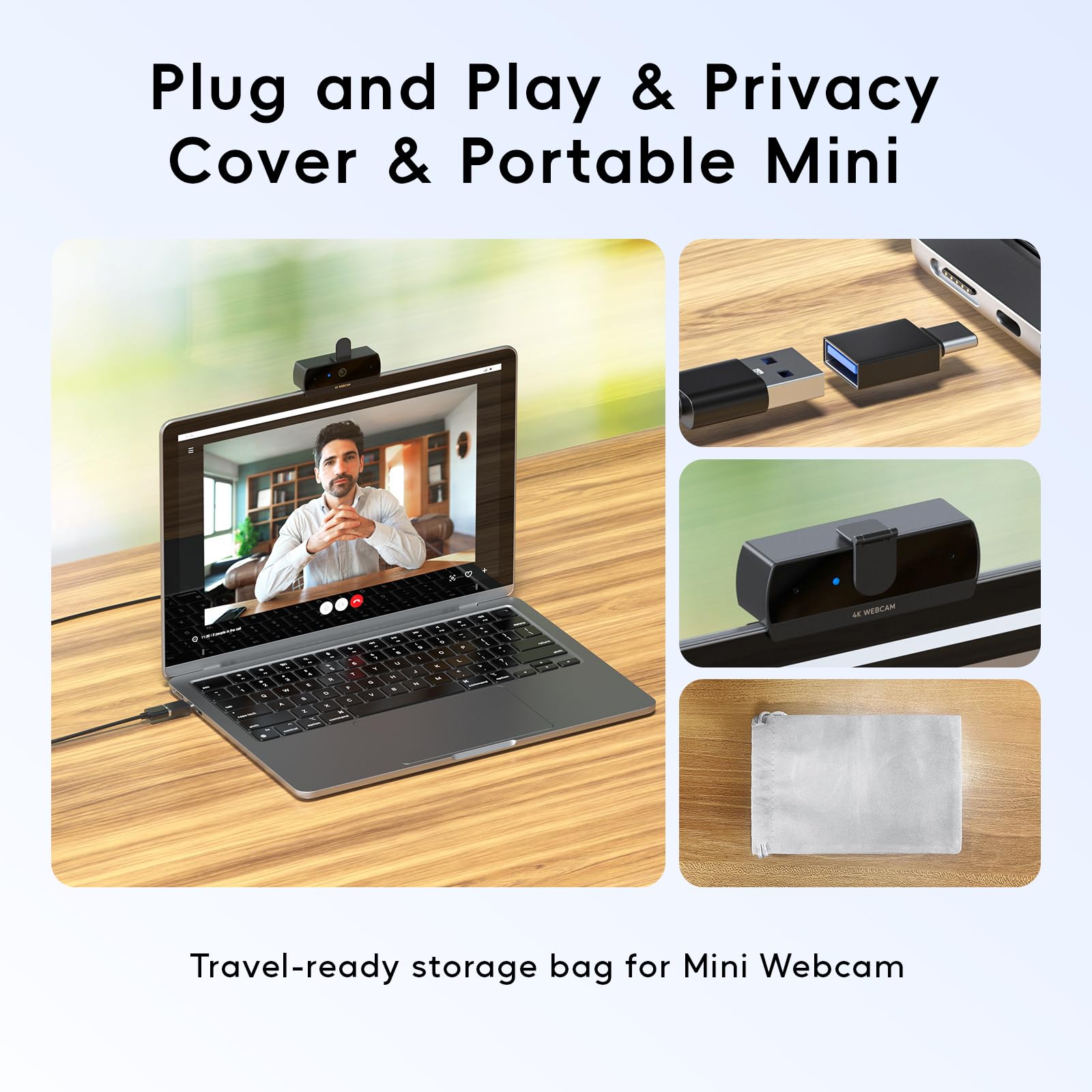 Nisheng Upgrade 4K Webcam for PC, PDAF Auto Focus, Dual AI Noise-Cancelling Mics, 1080P/60FPS, Mini Camera w/Privacy Cover, Plug & Play USB Webcam for Zoom/Teams/OBS/Xbox 6