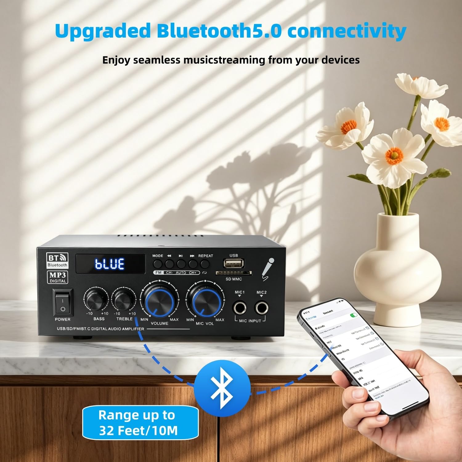 Bluetooth 5.0 Stereo Receivers,2 Channel 450W Home Amplifier 6