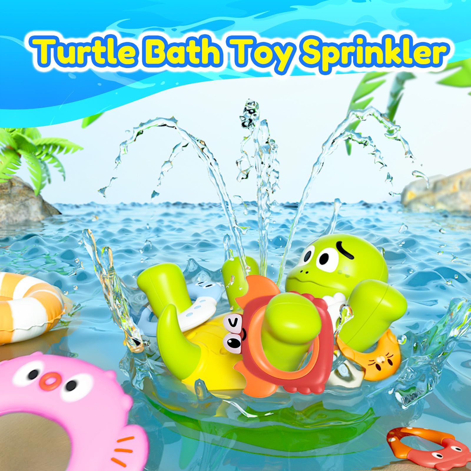 Baby Bath Toy Sprinkler, Rechargeable Turtle Bath Toys for Kids Toddlers Ages 1-3 2-4 with 5 Rings, Mold Free Bath Pool Water Spray Toys for Babies Toddlers 1-3-5, Great Birthday Gifts for Kids 3