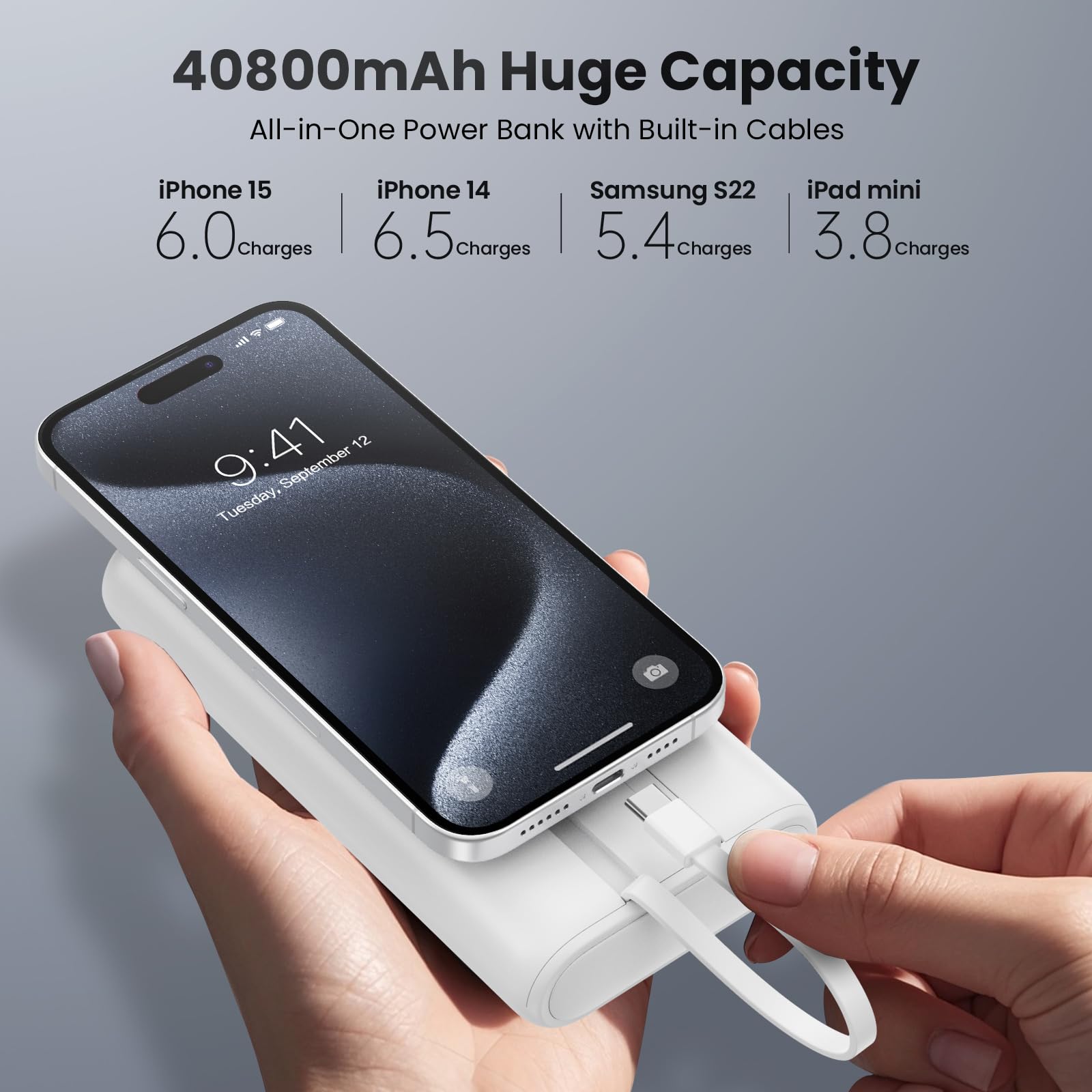 Ekrist Upgraded Portable Charger 40800mAh Power Bank - Portable Battery with 2 Built in Cables,PD 25W USB C Fast Charging Battery Pack Compatible with iPhone 17 16 15 14 13 Android Phone etc-White 5