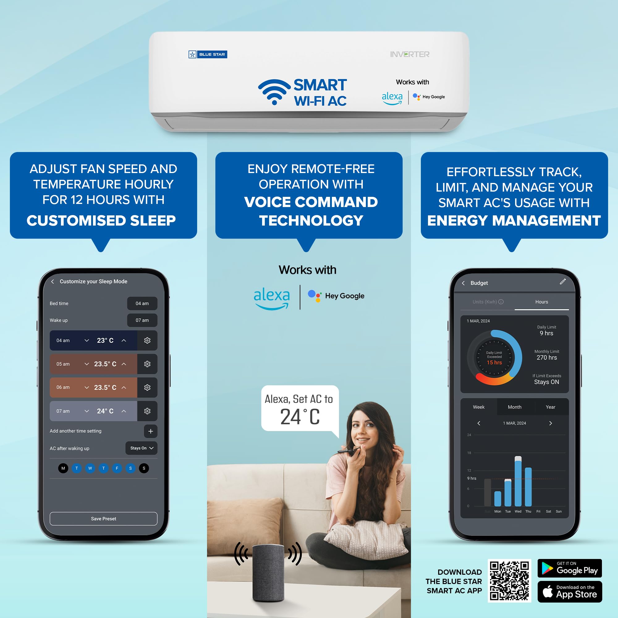 Blue Star 1.5 Ton 5 Star, 60 Months Warranty, Wi-Fi Smart Inverter Split AC (Copper, Convertible 5 in 1 Cooling, AI Pro, DigiQ Hepta Sensors, 4 Way Swing, IE518ZNURS, White) 5