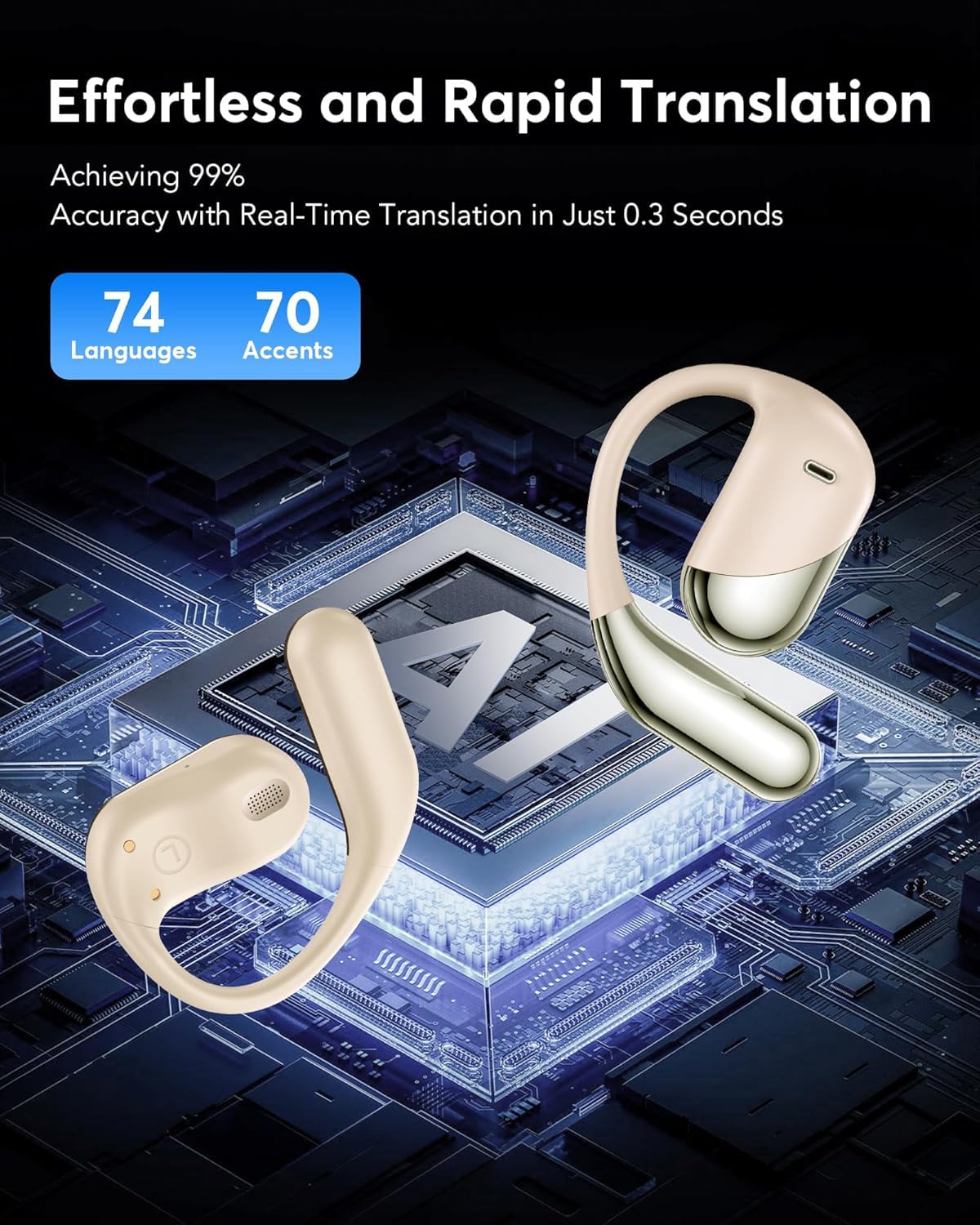 AI Translation Earbuds Real Time, 3-in-1 Translator Earbuds 144 Languages & Accents, Audifonos Traductores Inglés Español,Open Ear Wireless Headphones with Charging Case fit iOS & Android Khaki 3