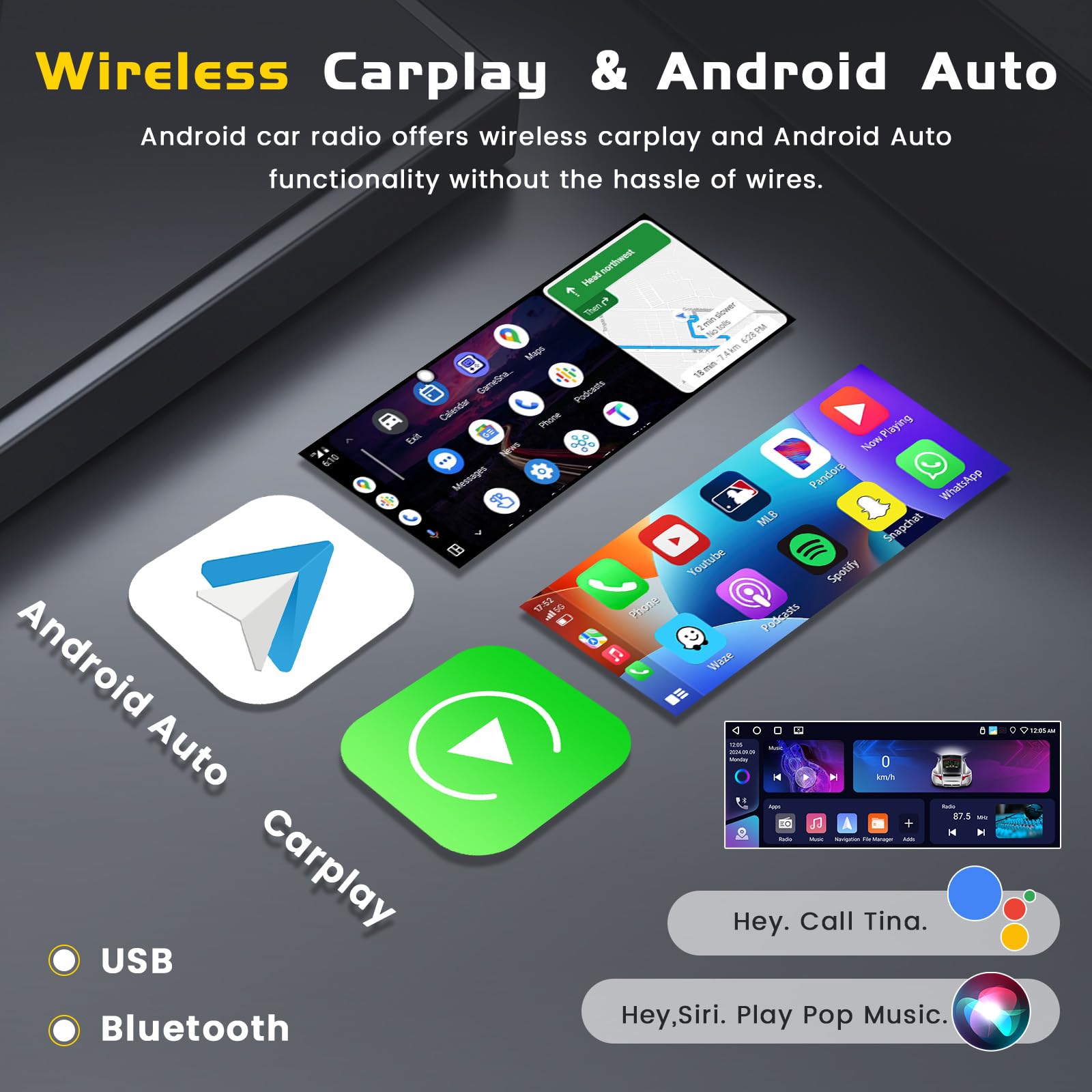 Inefala [2+32GB] Android 15 Single Din Car Radio with Wireless Carplay Android Auto, 6.9 Inch Touchscreen Car Stereo with WiFi GPS Bluetooth5.0 FM/RDS 32EQ SWC Type-C/USB Port with Backup Camera MIC 4