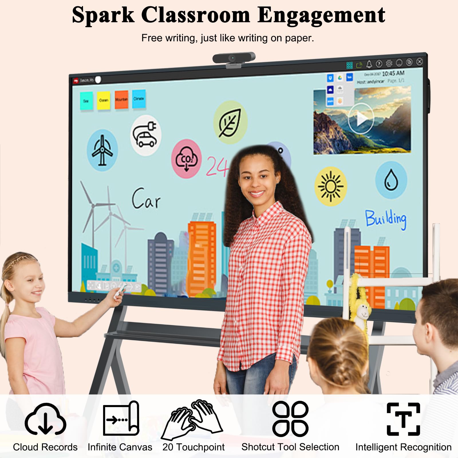 LINGHUFOX 75'' Smart Board, 4K Touch Screen Electronic Whiteboard Built in Dual System All in One Computer with AI Camera for Office and Classroom 5