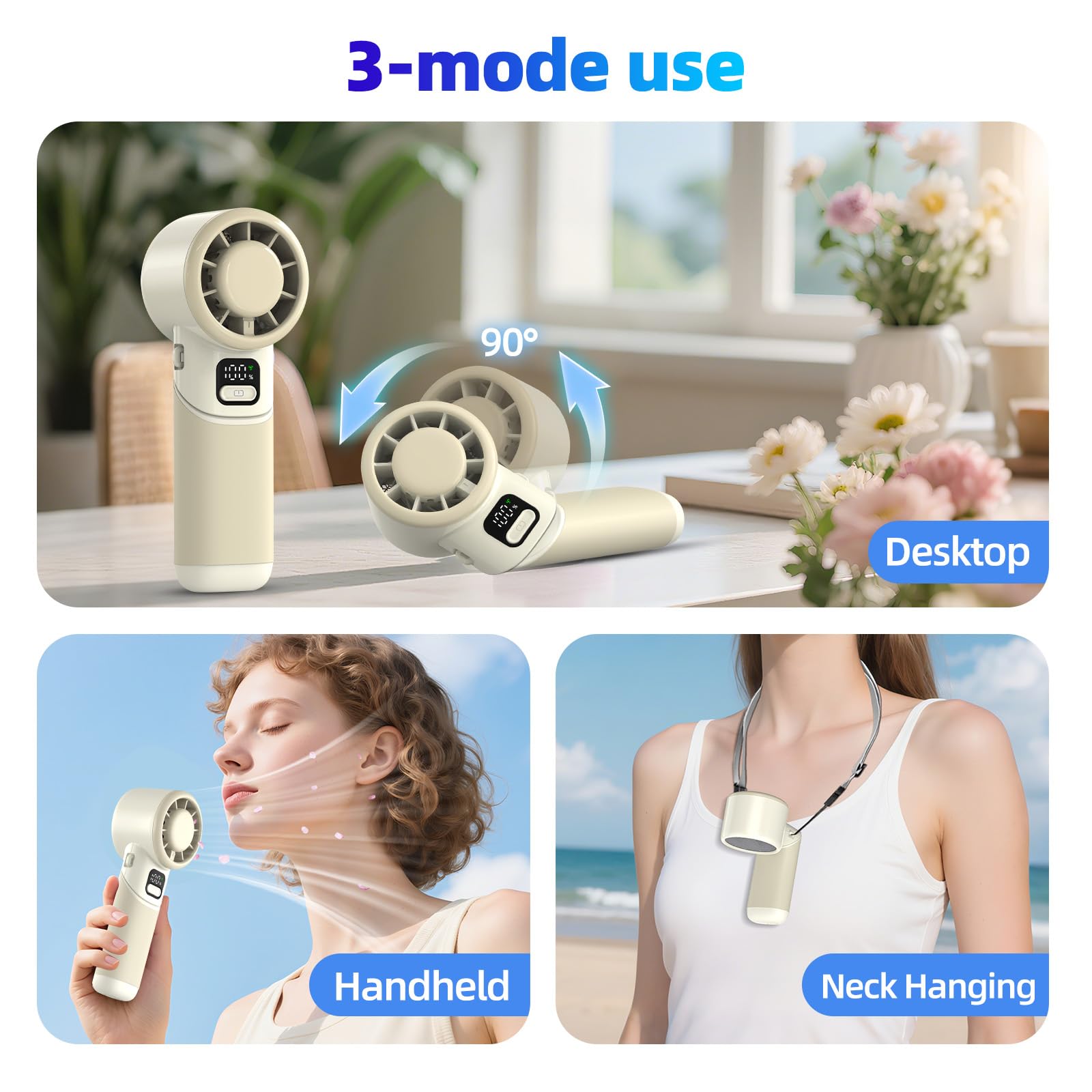 Aordeep Portable Handheld Turbo Fan, 4000mAh Rechargeable Mini Personal Fan, 5 Speeds, USB-C 90° Adjustable Desk Fan, Aroma Diffuser, Up to 12H Cooling for Travel, Office, Makeup, Beach, Cream Beige 6