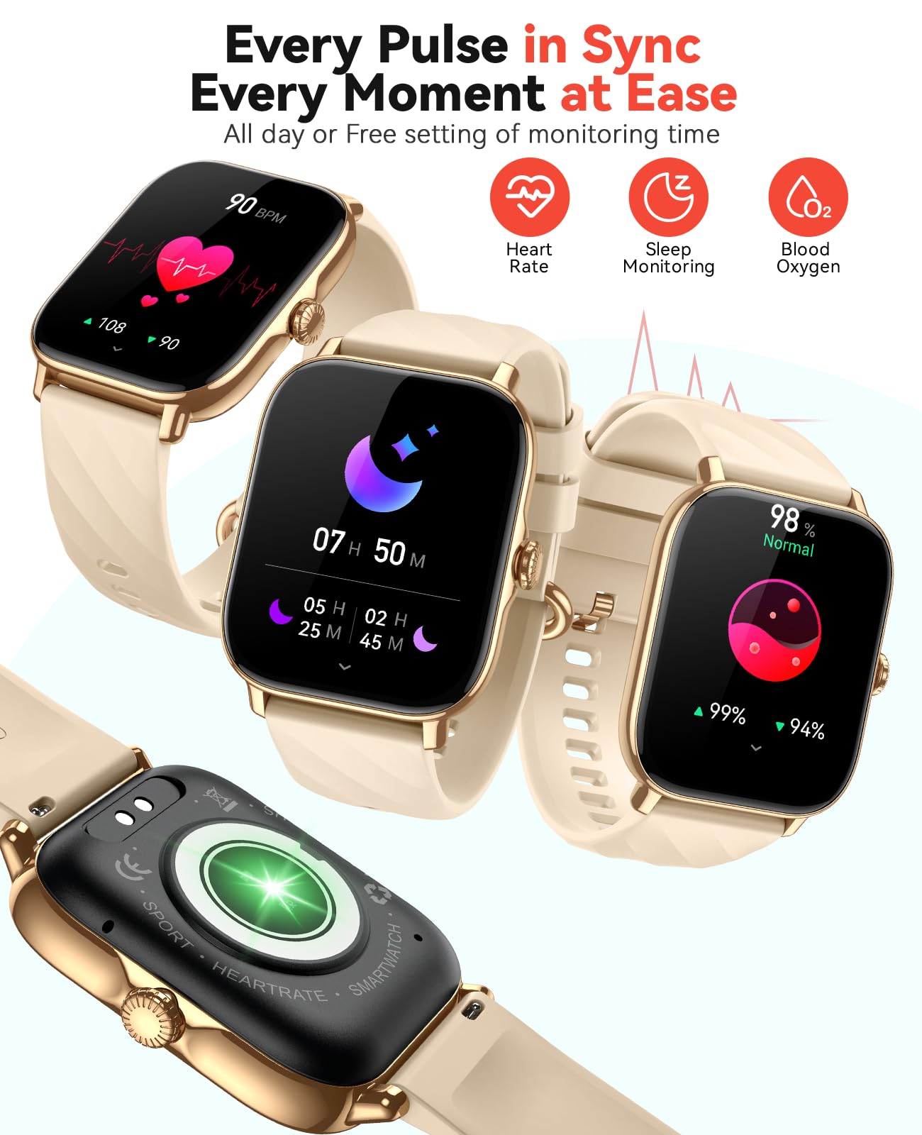 Kriutefy Smart Watches Fitness Tracker for Women Men with Step Counter, Sleep Calorie Monitor, Pedometer, IP68 Waterproof, Smartwatch with 120+ Sports for iPhone Android (Gold) 3