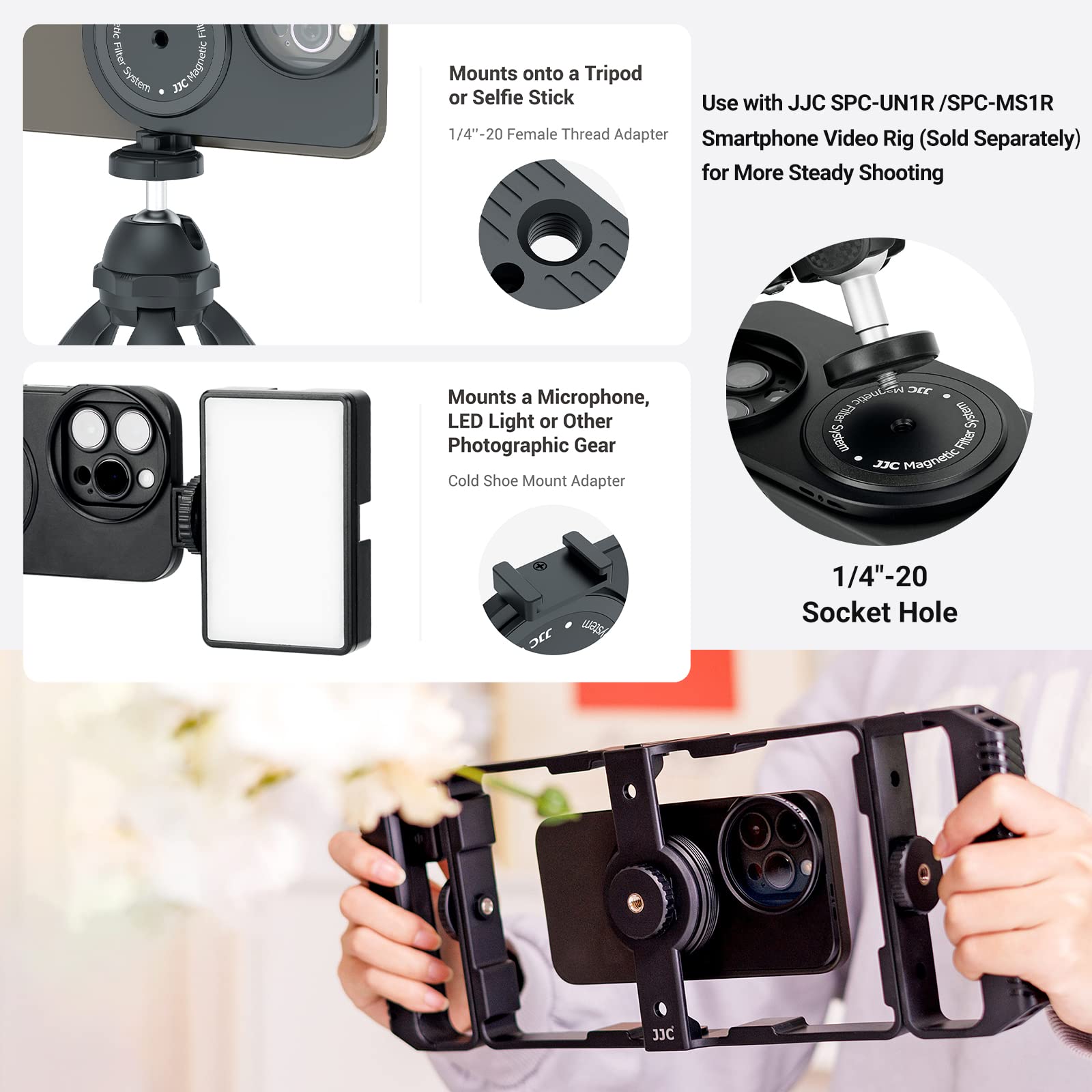 Magnetic Lens Filter Mount for iPhone 16 Pro iPhone 15 Pro 14 Pro 13 Pro,[Filter NOT Included],Magnetic Filter System for Any Threaded 49mm Filter with Hood,Cold Shoe Mount & Tripod Mount Adapter 5