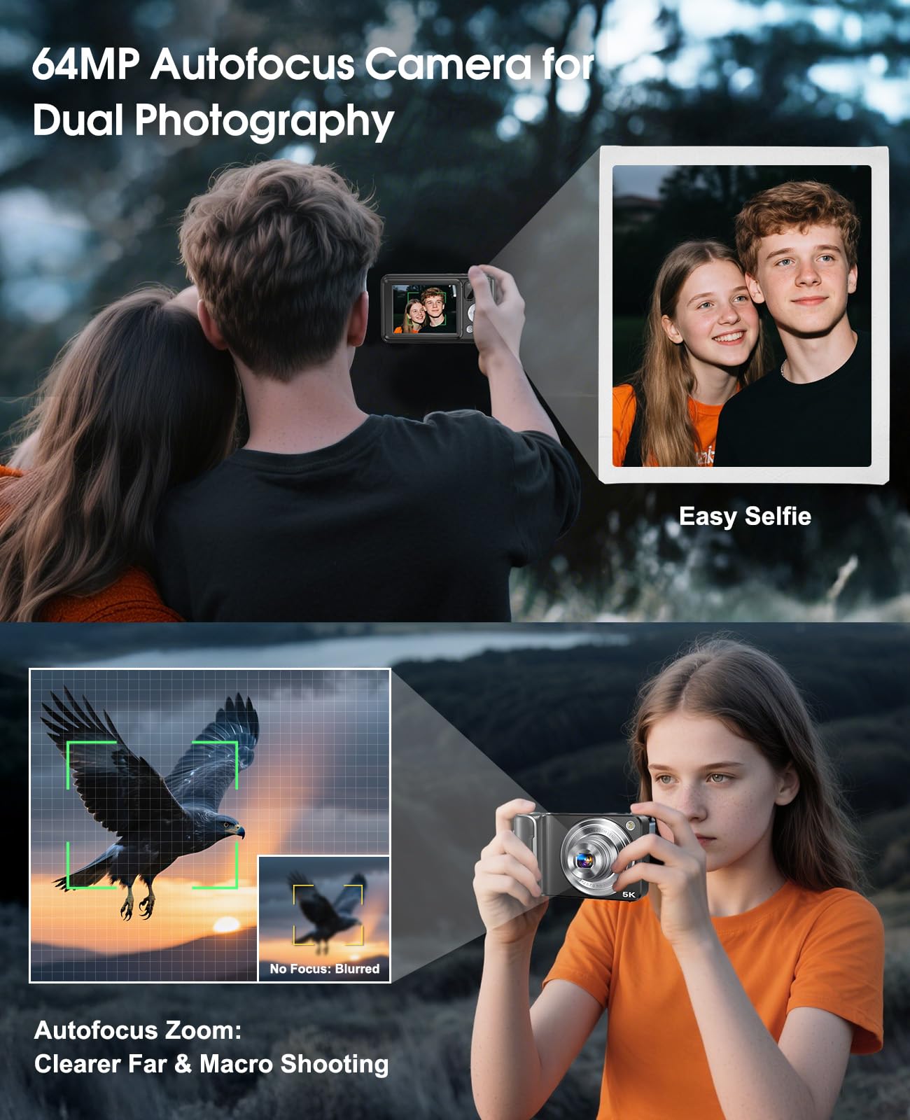 5K Digital Camera for Photography, 64MP Touchscreen WiFi Camera with Autofocus 6X Optical & 16X Digital Zoom, Dual-Lens Vlogging Camera for YouTube Video Anti-Shake, Travel Compact Camera with Flash 4