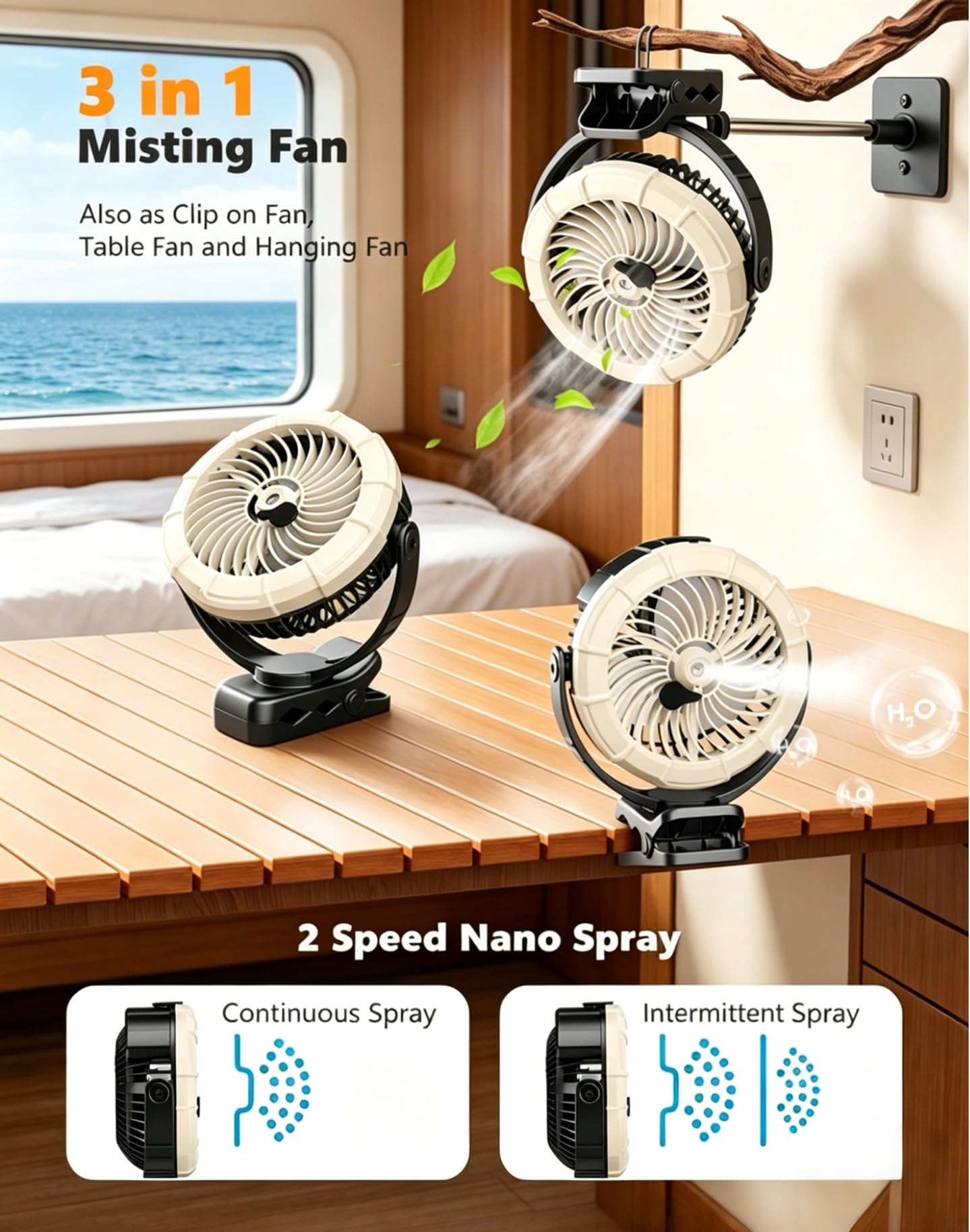 Ausic Portable Clip on Misting Fan, [5-45Hrs] Golf Cart Spray Fan, 720° Rotate Baby Stroller Fan, Outdoor Camping Fan with LED, Rechargeable Battery Operated RV Travel Cruise Fan, Golf Accessories 3