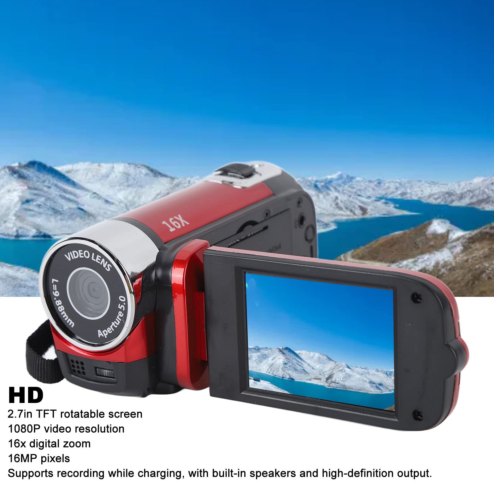 Pomya Digital Camera Recorder, 1080P 16X Digital Zoom Camcorder with 2.7 Inch Flip Screen, Vlogging Camera Recorder with USB Cable, Travel Video Recording Camera for Friends Family (Red) 3