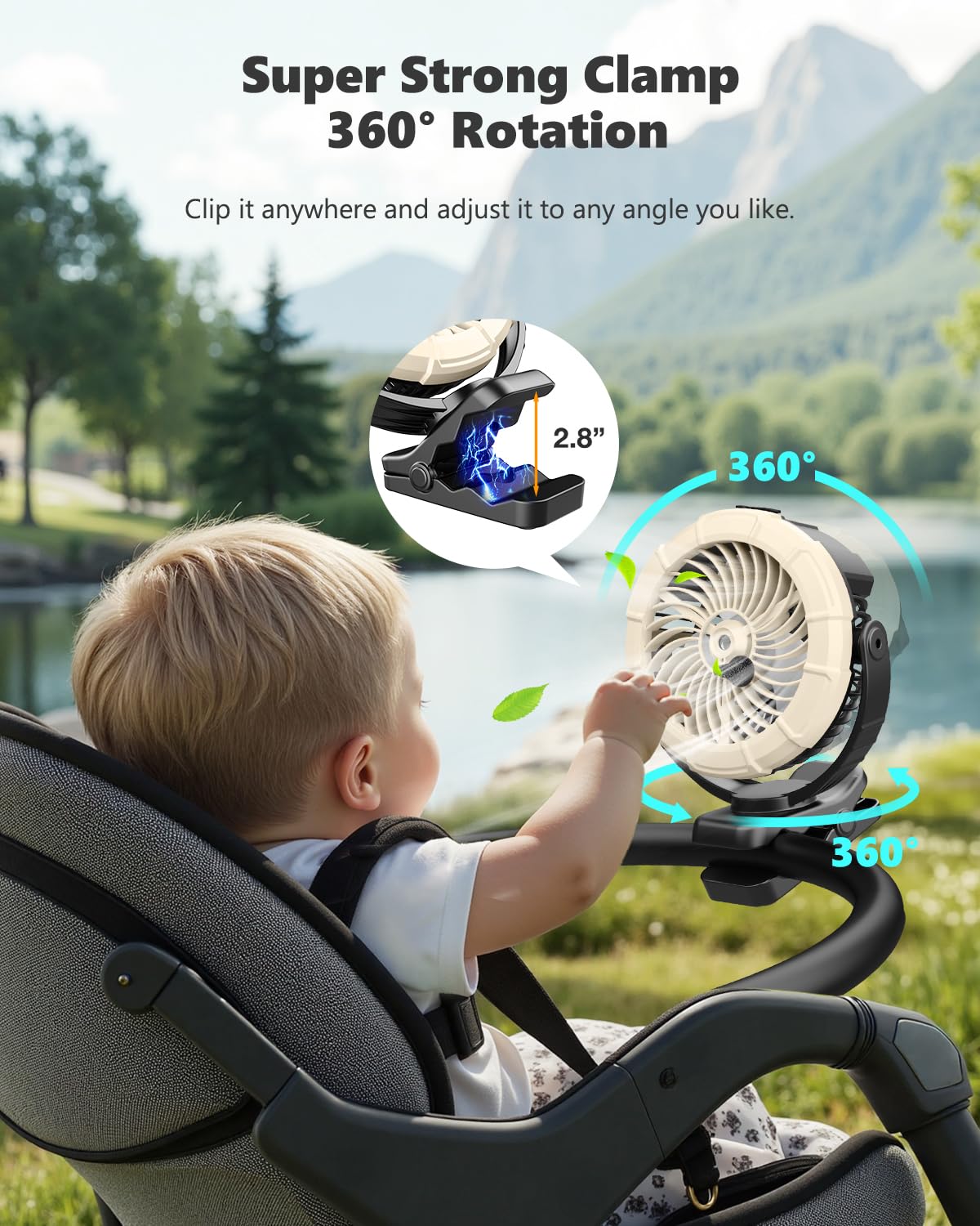 Ausic Portable Clip on Misting Fan, [5-45Hrs] Golf Cart Spray Fan, 720° Rotate Baby Stroller Fan, Outdoor Camping Fan with LED, Rechargeable Battery Operated RV Travel Cruise Fan, Golf Accessories 5