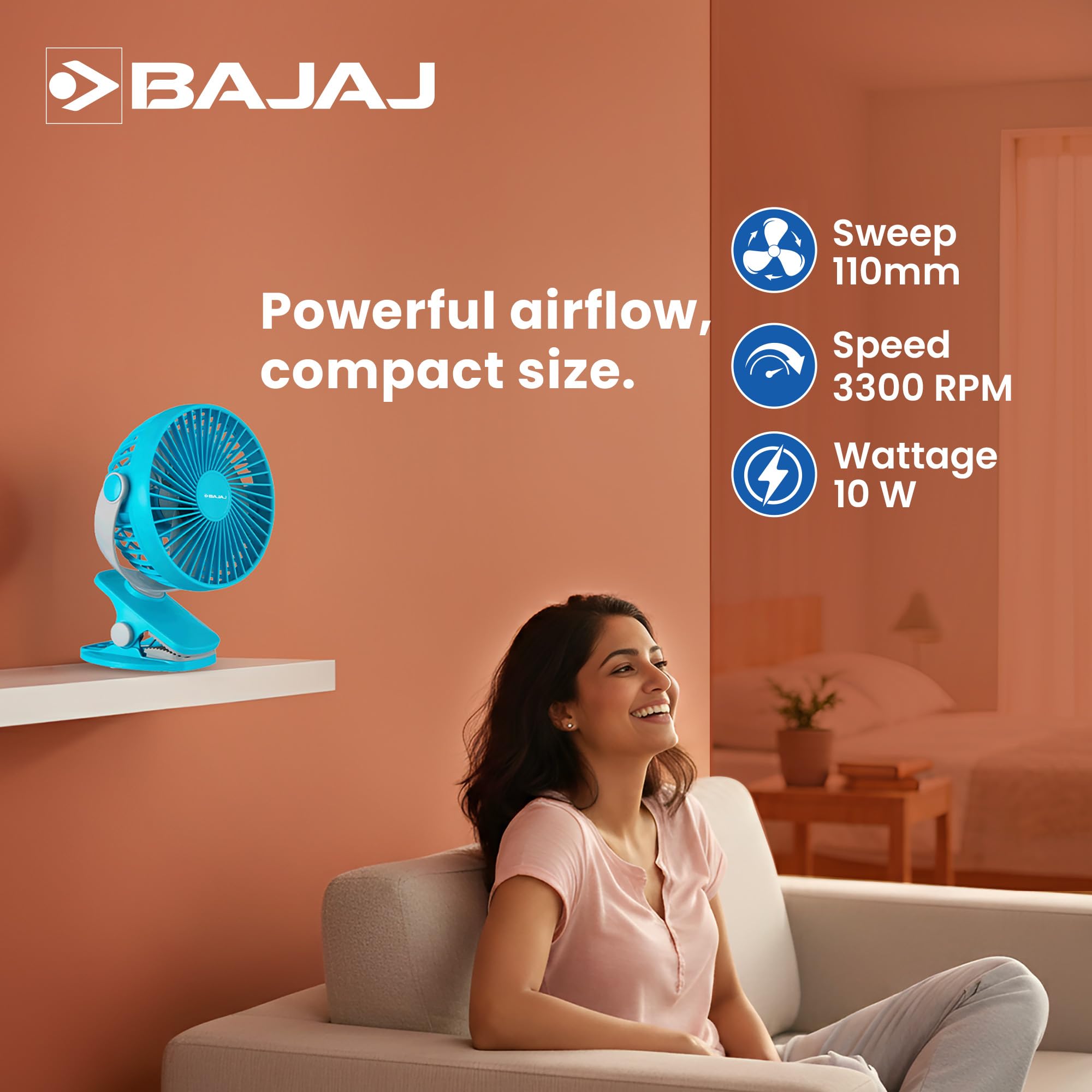 Bajaj Pygmy Mini Fan 110MM | USB Charging | Multi-Clip Function | Rechargeable | 4-Hr Back-up | Silent Operation | Longer Battery Life | Energy Efficient | Portable 【Blue】 4