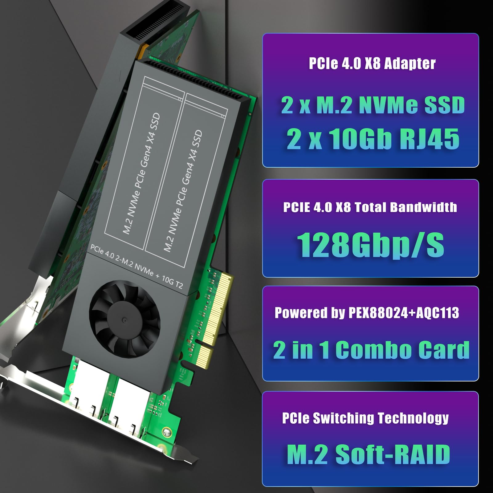 GLOTRENDS ST5116 Dual M.2 PCIe Adapter with 2 x 10Gb RJ45 Port, PCIe 4.0 X8 Interface, Support PCIe Bifurcation, Setup Soft M.2 NVMe RAID via OS Tool 3
