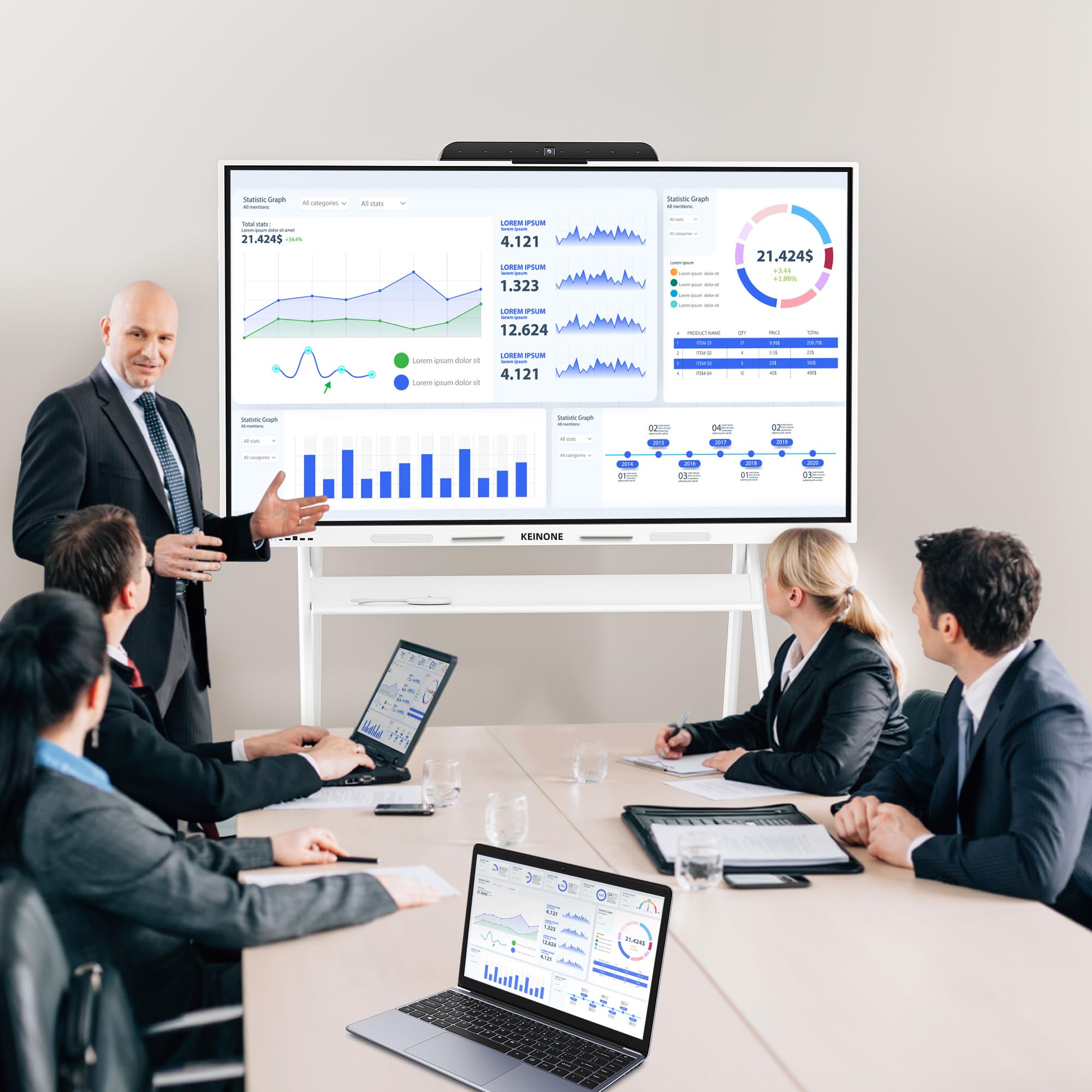 KEINONE 55" 4K 8+128 GB Interactive Smart Board for Classroom & USB Video Conference Camera 90° Wide Angle for Home Office School Display Screen (White) 4