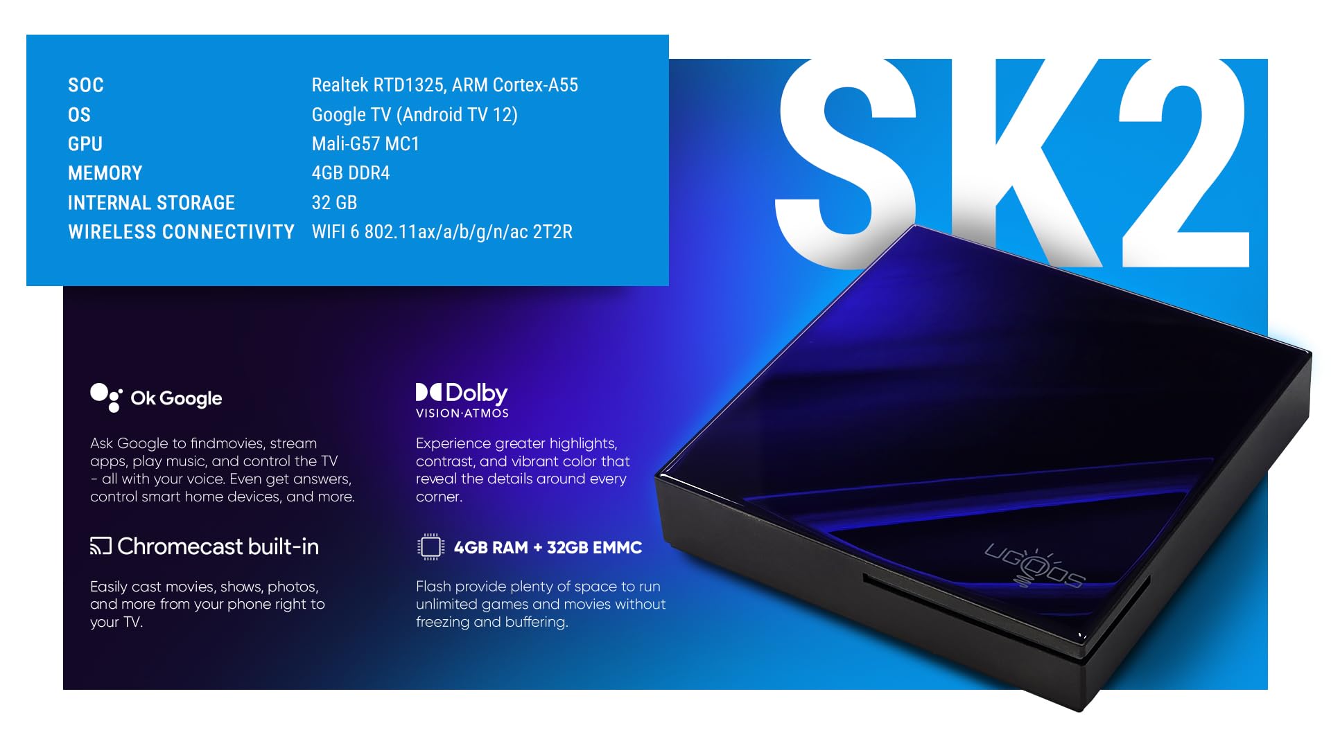 Ugoos SK2 TV Box Android 12.0 RTD1325 4GB RAM 32GB ROM WiFi6 Ethernet 100M USB 2.0 BT5.2 Support AV1 VP9 H.265 4K HDR Box 6
