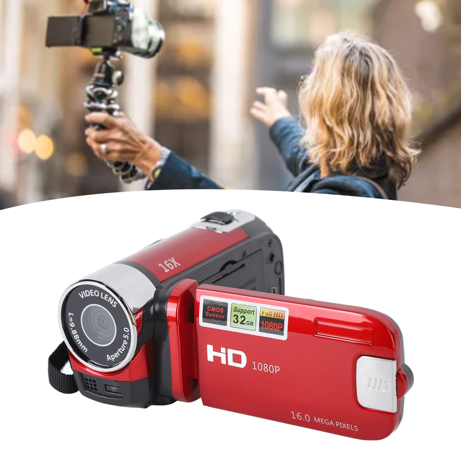 Pomya Digital Camera Recorder, 1080P 16X Digital Zoom Camcorder with 2.7 Inch Flip Screen, Vlogging Camera Recorder with USB Cable, Travel Video Recording Camera for Friends Family (Red) 5