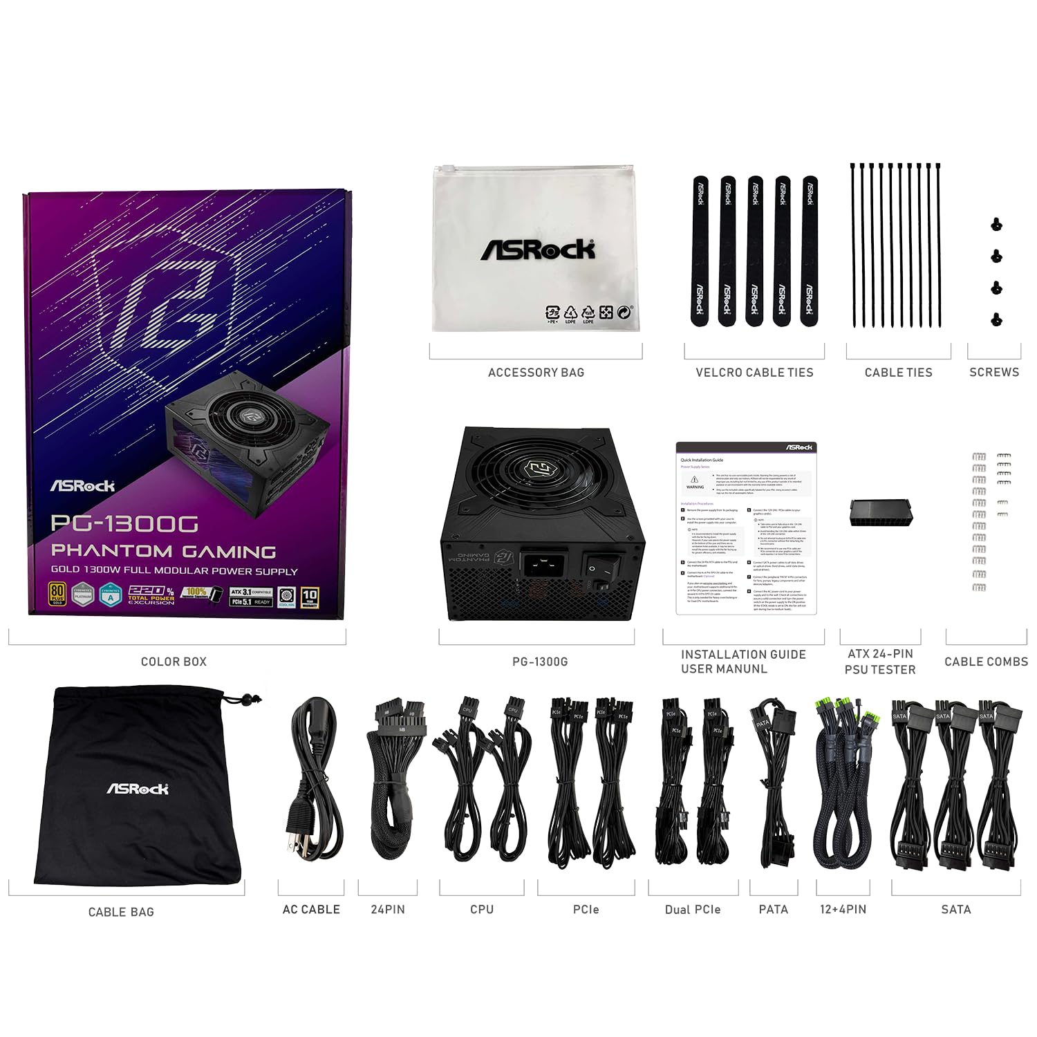 ASRock Phantom Gaming PG-1300G ATX 3.1 1300W Power Supply PCle5.1 10 Years Warranty Fully Modular Japanese Capacitor 80 Plus Gold Cybenetics Platinum 12V-2x6 Cables 2
