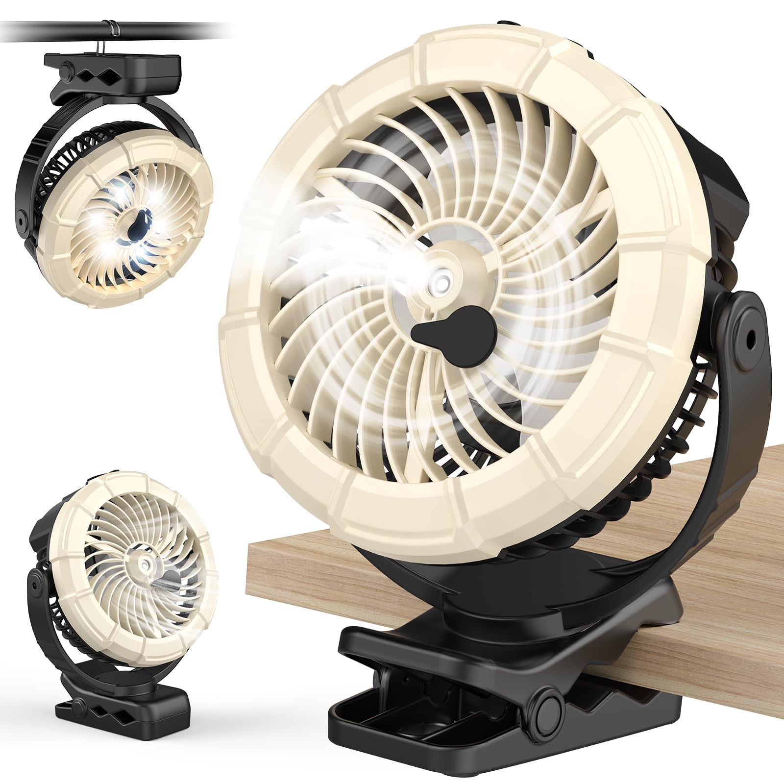 Ausic Portable Clip on Misting Fan, [5-45Hrs] Golf Cart Spray Fan, 720° Rotate Baby Stroller Fan, Outdoor Camping Fan with LED, Rechargeable Battery Operated RV Travel Cruise Fan, Golf Accessories 1