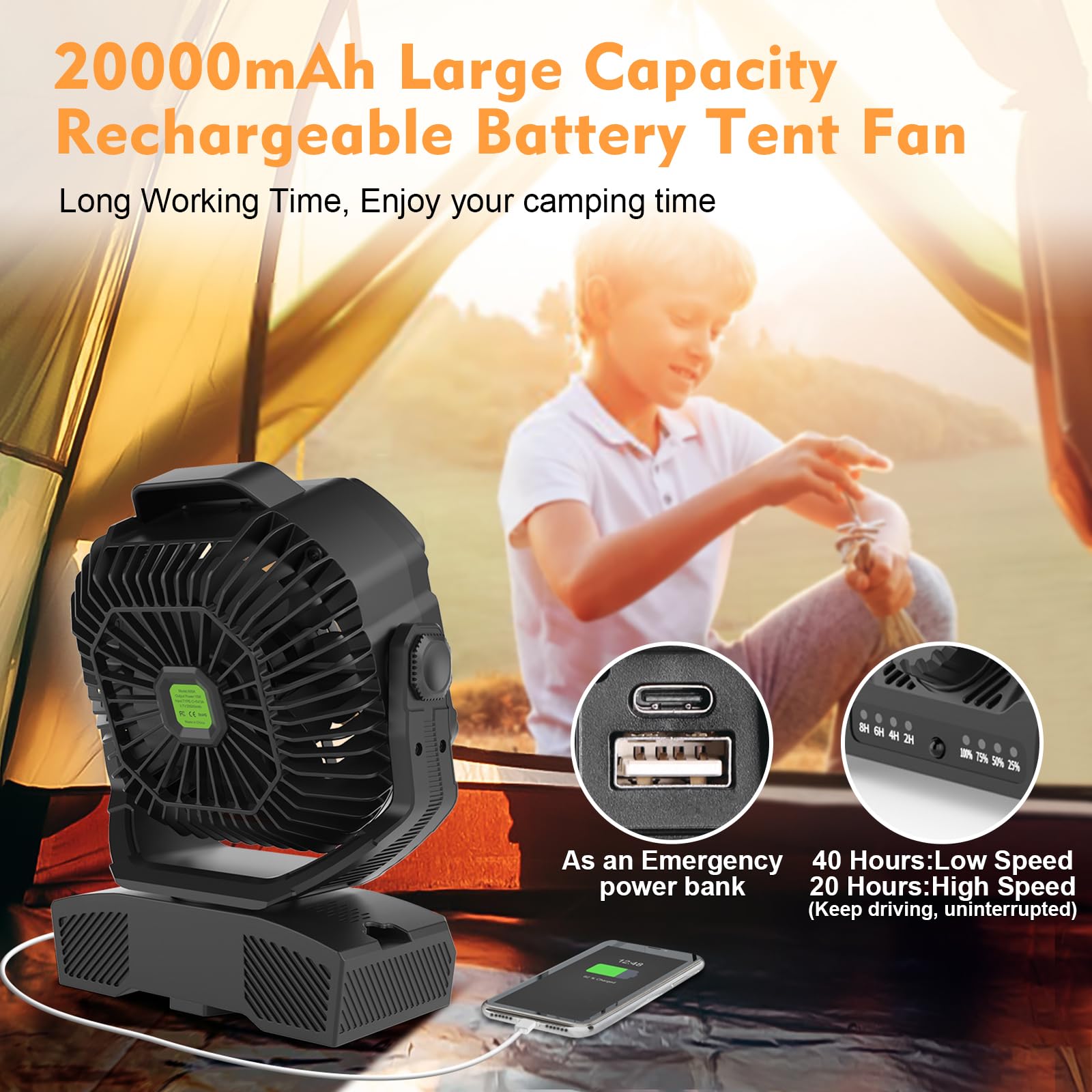 RUNTOP 20000mAh Oscillation Camping Fan, Remote Control Rechargeable Battery Operated Outdoor Tent Fan w/Hanging Hook, Portable Personal USB Desk Fan for Camping, Jobsite Tent Travel Beach Bedroom 3