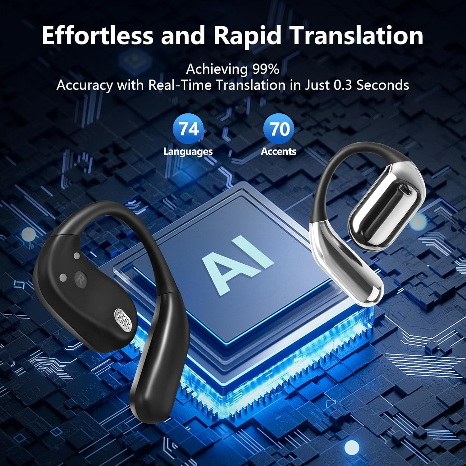 AI Translation Earbuds Real Time, 3-in-1 Translator Earbuds144 Languages & Accents, Audifonos Traductores Inglés Español,Open Ear Wireless Bluetooth Headphones with Charging Case fit iOS Android Black 4