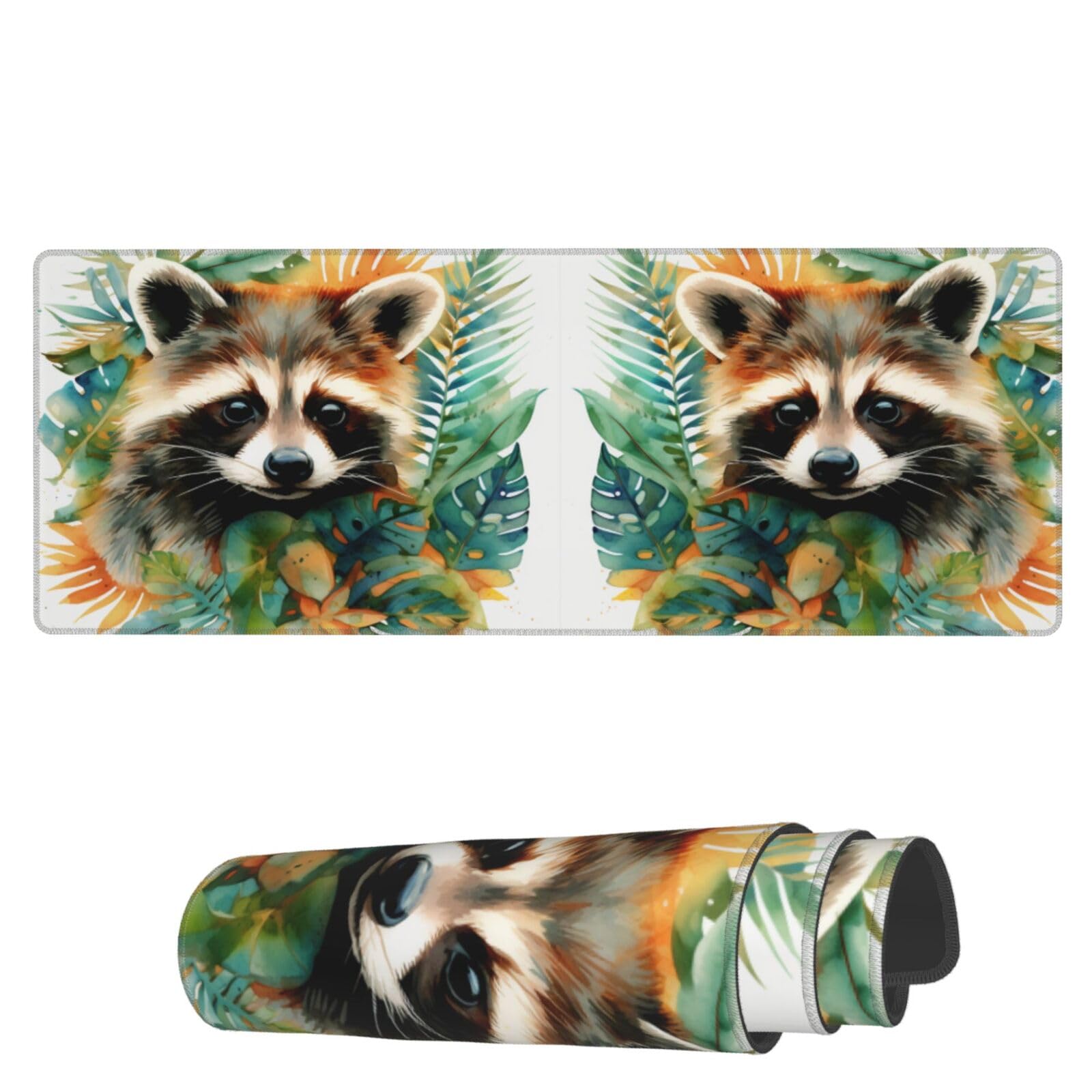 Famame Laptop Mouse Pad Tropical Leaves Raccoon Desk Mat with Stitched Edges 31.5X 11.8 inch Non-Slip Large Keyboard Rubber Writing Table Mat for Office Home 1