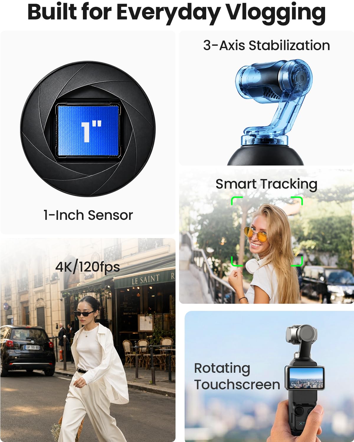 Xtra Muse, Vlogging Camera with 1'' CMOS & 4K/120fps Videos, Pocket Camera with 3-Axis Gimbal Stabilizer, Fast Focusing, Face/Object Tracking, Digital Video Camera for Photography, Digital Camera 6