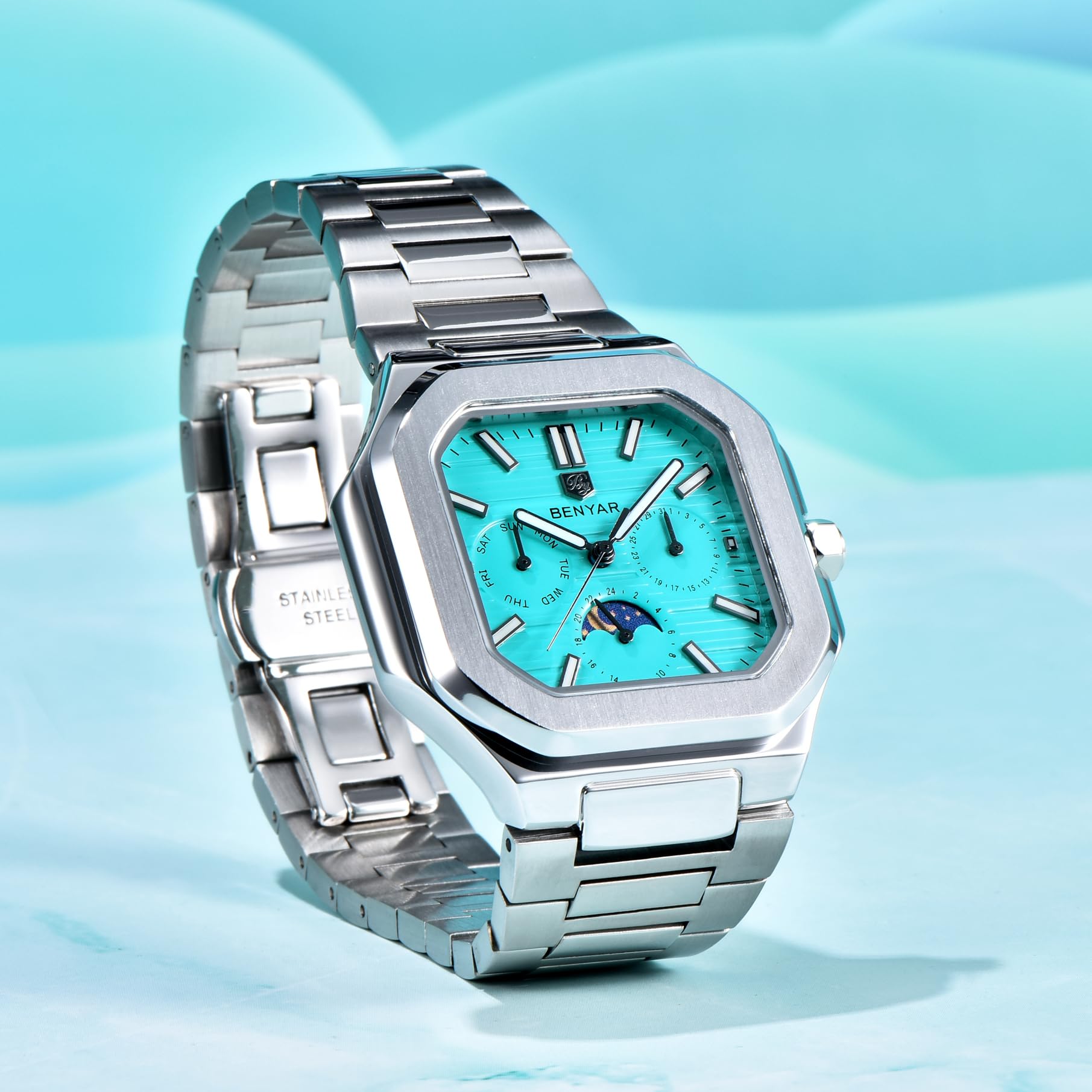 BENYAR Luxury Men's Quartz Watch Multifunctional Chronograph Full Stainless Steel Waterproof Luminous Business Men's Watch BY-5221 (Sky Blue BY-5221) 5