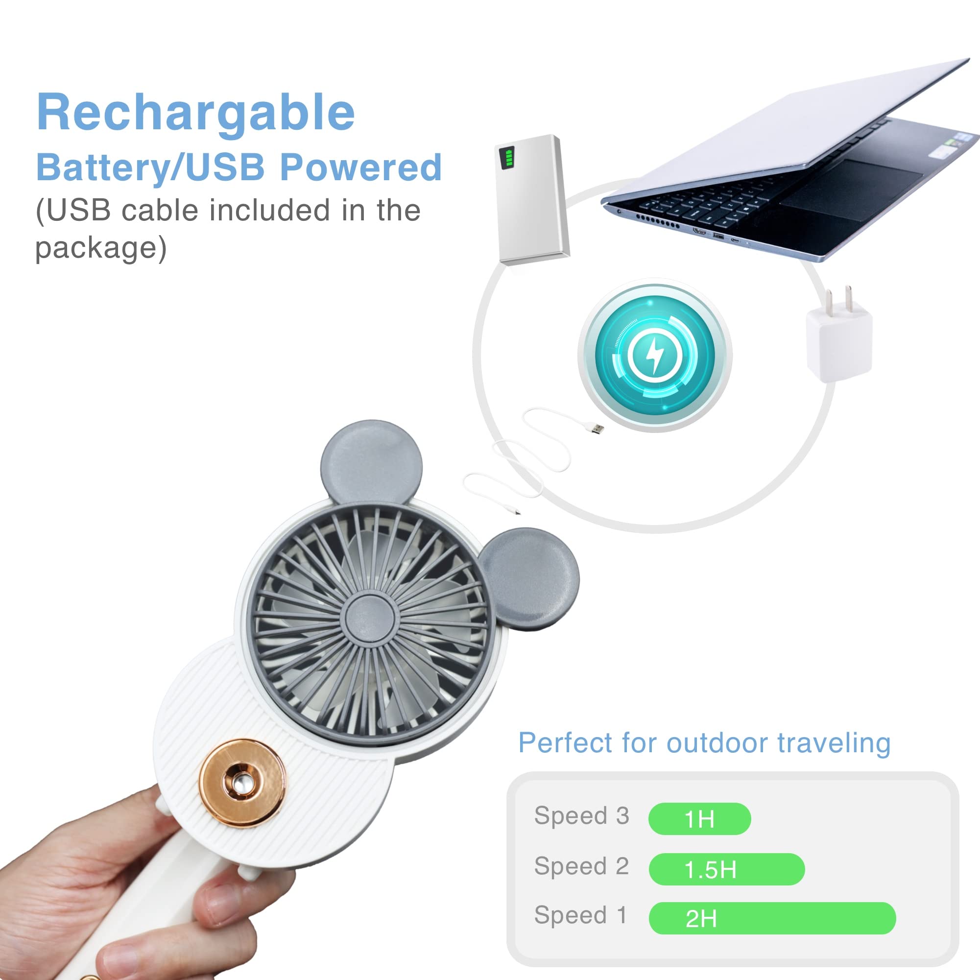 LACOVIA Cute Mouse Misting Mini Fan, Handheld Portable USB Rechargeable Fan with 3 Adjustable Speeds, Foldable For Travelling(Red&Green) 4