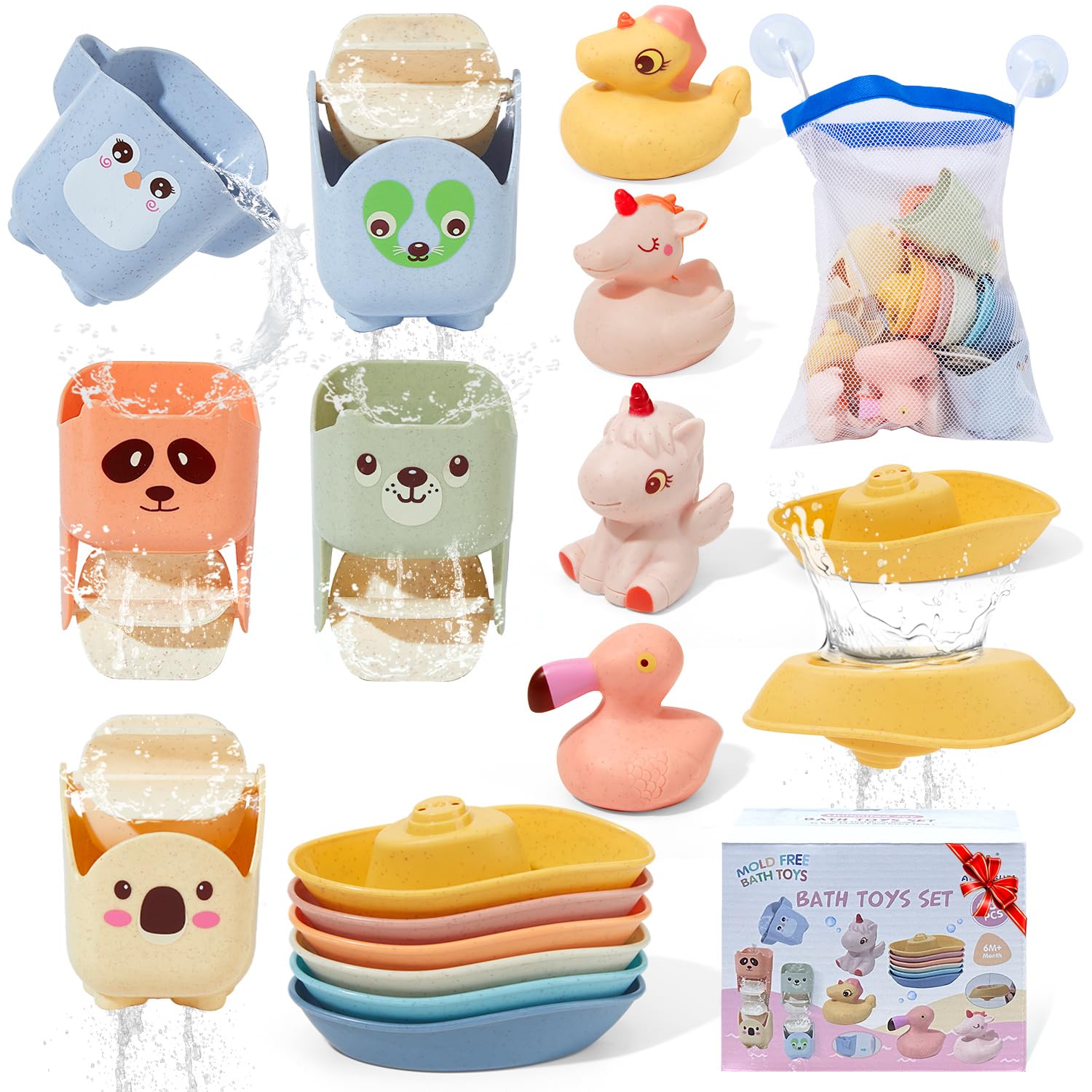 Mold Free Bath Toys, 15PCS | Safe Fun & Easy Clean Floating Boats & Rotating Waterfall Cups & Sealed with No Holes Floating Tub Toy and Mesh Bag for Babies 18+ Months | Bathtub Pool Water Toddler Toys 1