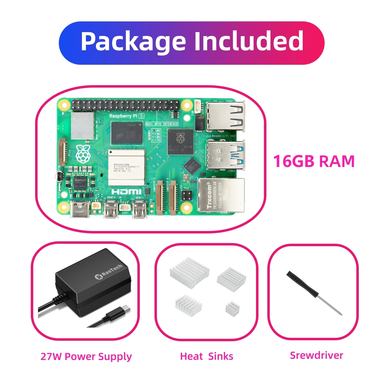 RasTech Raspberry Pi 5 Kit 16GB RAM with 27W PD Power Supply 5.1V5A,Heat Sinks and Raspberry Pi 5 16GB Board Included 3