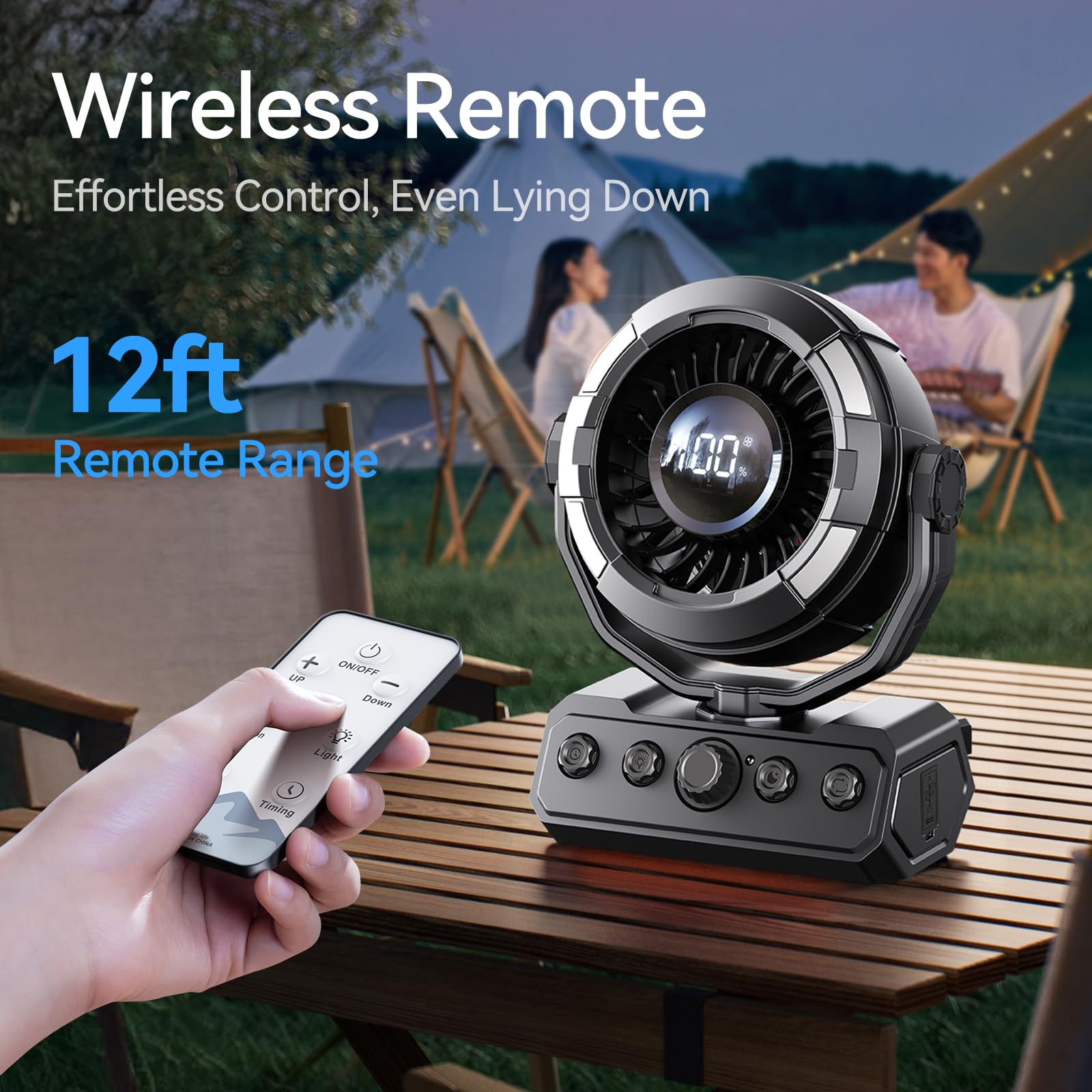 KIMMOO 20000mAh Camping Fan with Light, 80Hrs Max Cooling, 100 Speeds, Portable Fan Rechargeable with Hook, Remote, Timer, 180° Oscillation, Battery Powered for Outdoor Tent Beach Travel BBQ (Black) 5