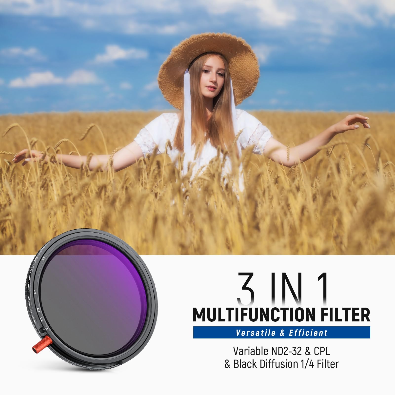 NEEWER 52mm 3 in 1 Variable ND + CPL + Black Diffusion 1/4 Lens Filter 3