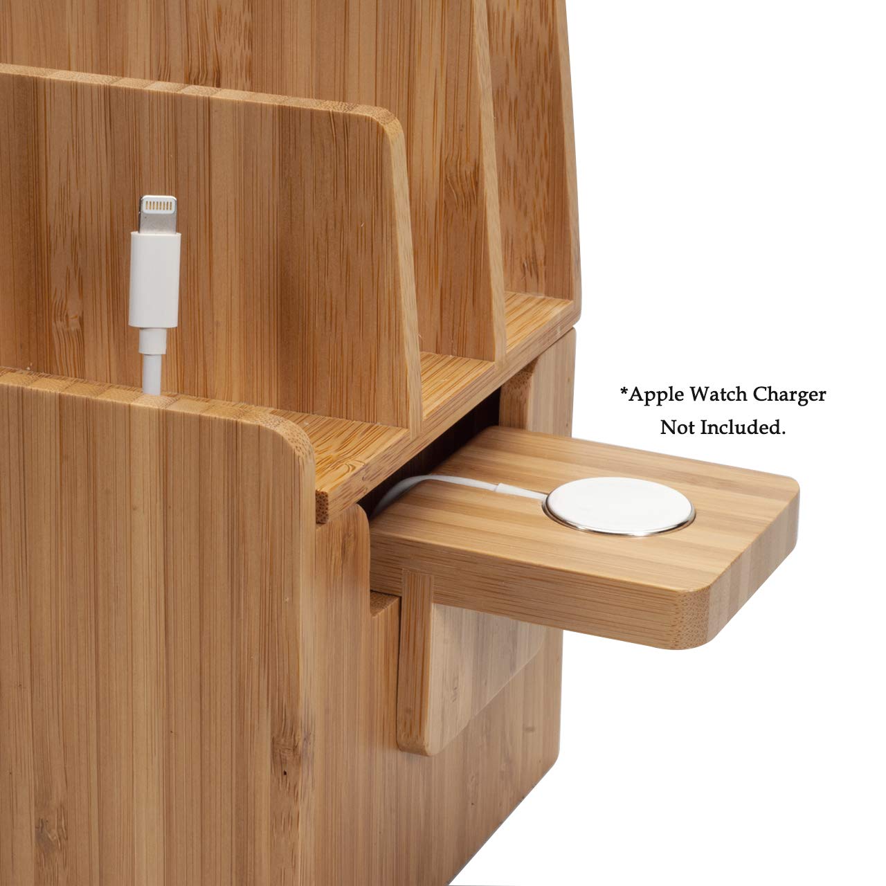MobileVision Bamboo Charging Station with Compatible Apple Watch Charger Adapter Plus Apple Approved MFI Cable 4