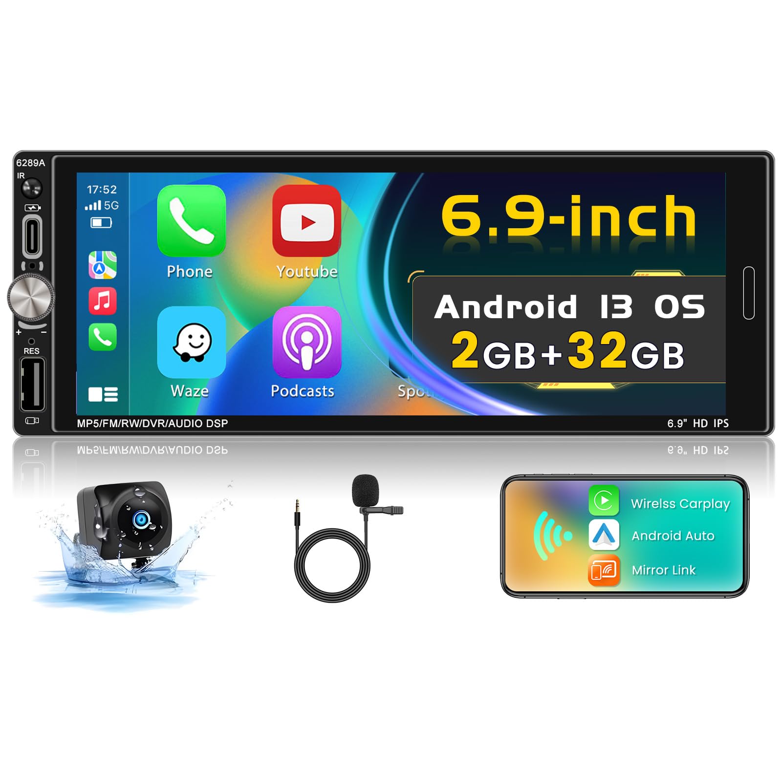 Inefala [2+32GB] Android 15 Single Din Car Radio with Wireless Carplay Android Auto, 6.9 Inch Touchscreen Car Stereo with WiFi GPS Bluetooth5.0 FM/RDS 32EQ SWC Type-C/USB Port with Backup Camera MIC 1