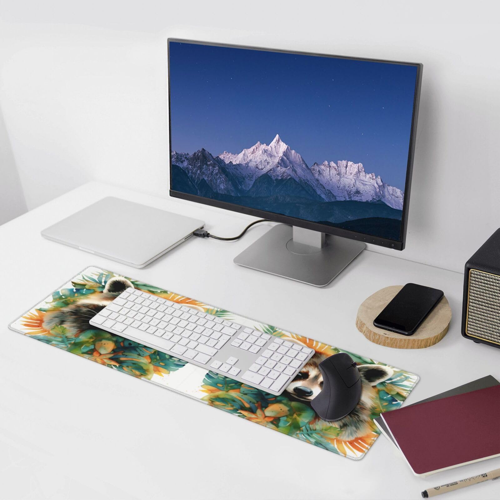 Famame Laptop Mouse Pad Tropical Leaves Raccoon Desk Mat with Stitched Edges 31.5X 11.8 inch Non-Slip Large Keyboard Rubber Writing Table Mat for Office Home 3
